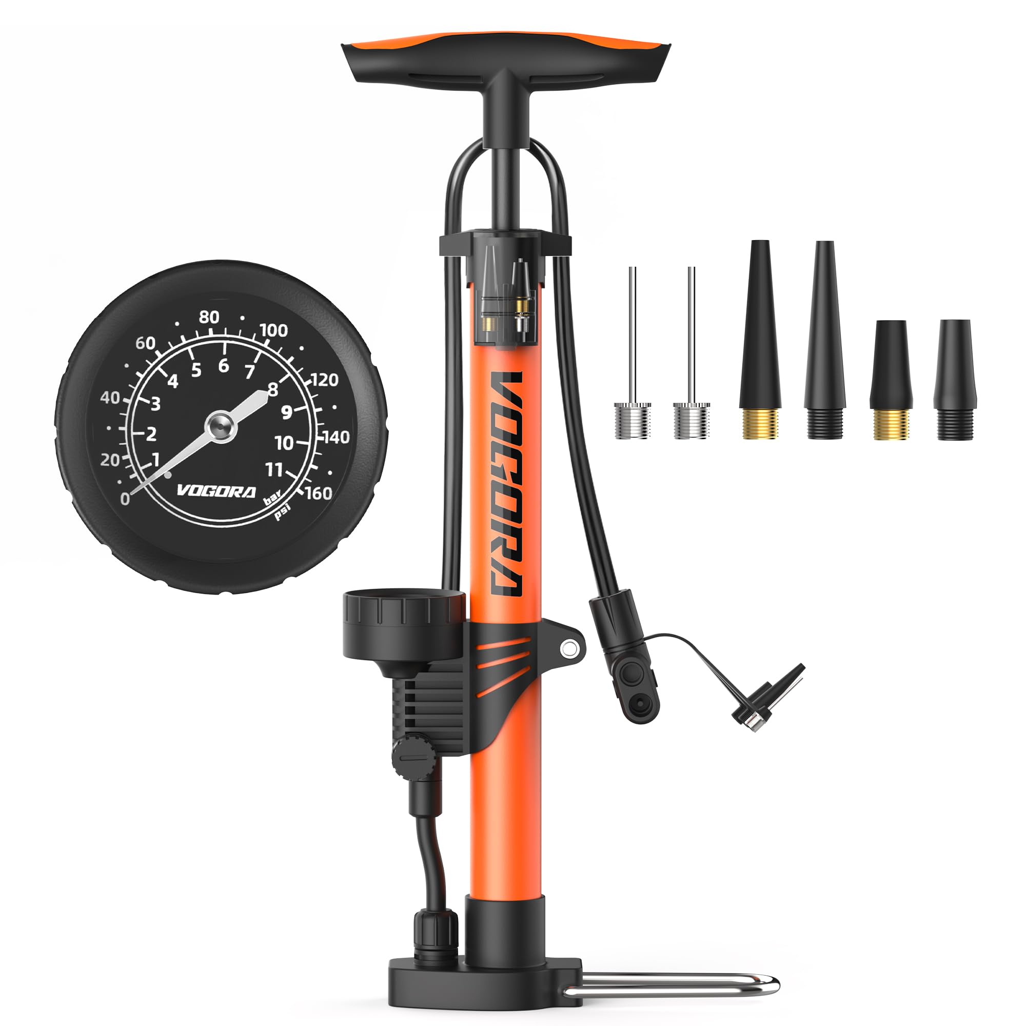 VOGORA Bike Pump with Pressure Gauge, Bicycle Pump with Presta & Schrader Valves Bike Pump for all Bikes, Foot Pump for Car Tyres, Road Mountain Bikes & Balls — image 1