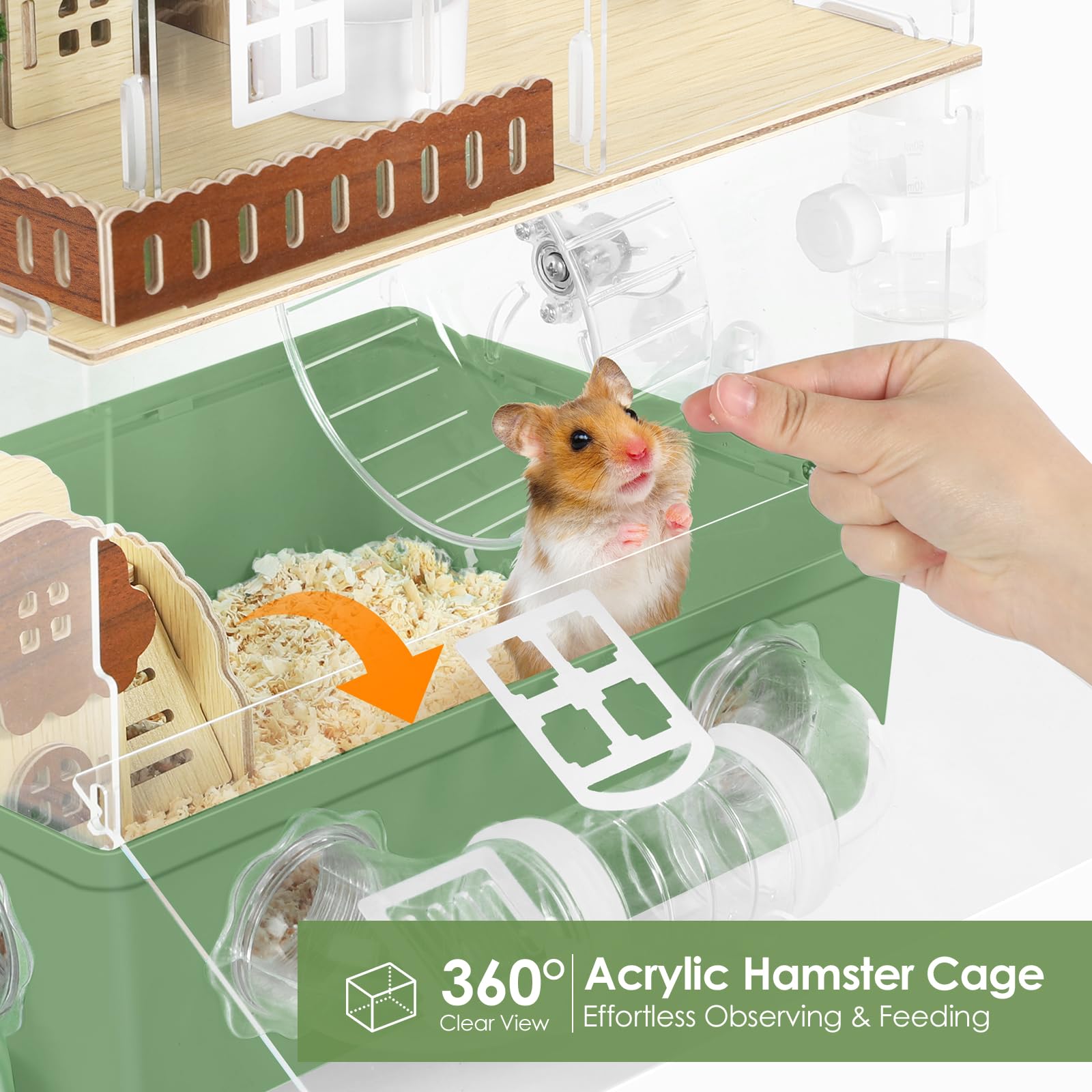 Acrylic Hamster Cage Large Hamster Habitat Dwarf Hamster Enclosure, 13.3''* 9.8''* 17.4'' Clear Pet Mice House for Syrian Small Hamsters, Green