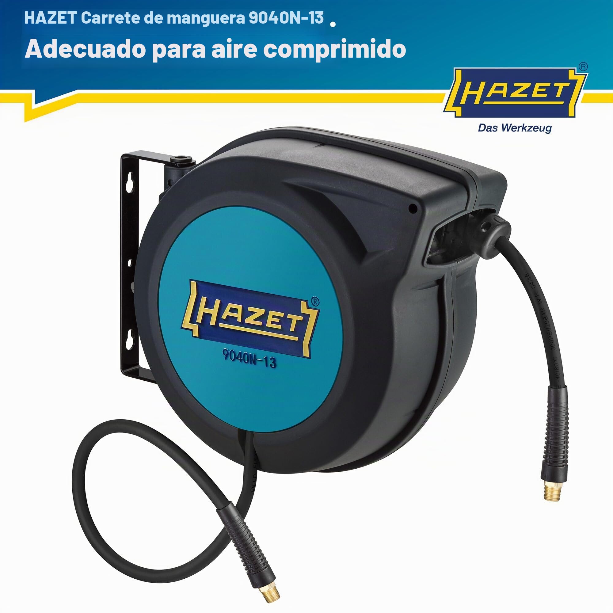 Enrollador de mangueras HAZET 9040N-13 I Longitud de la manguera 15 m, diámetro interior: 13 mm, presión: 20 bar para aire comprimido y agua I Enrollador de mangueras de aire comprimido