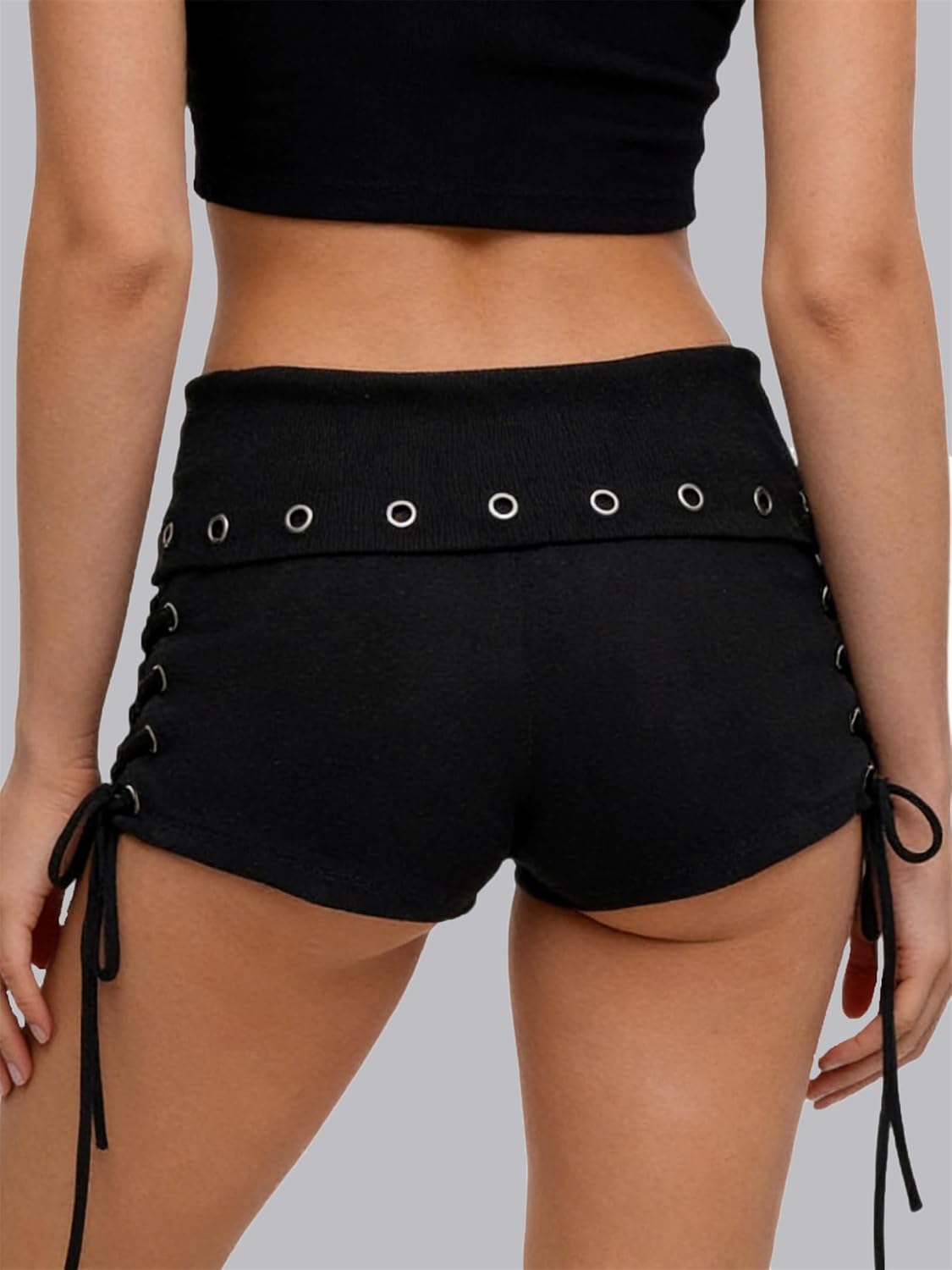 Women Y2k Grommet Eyelet Fold Over Shorts Vintage Grunge Low Rise Slim Fit Micro Shorts Punk Going Out Rave Bottoms