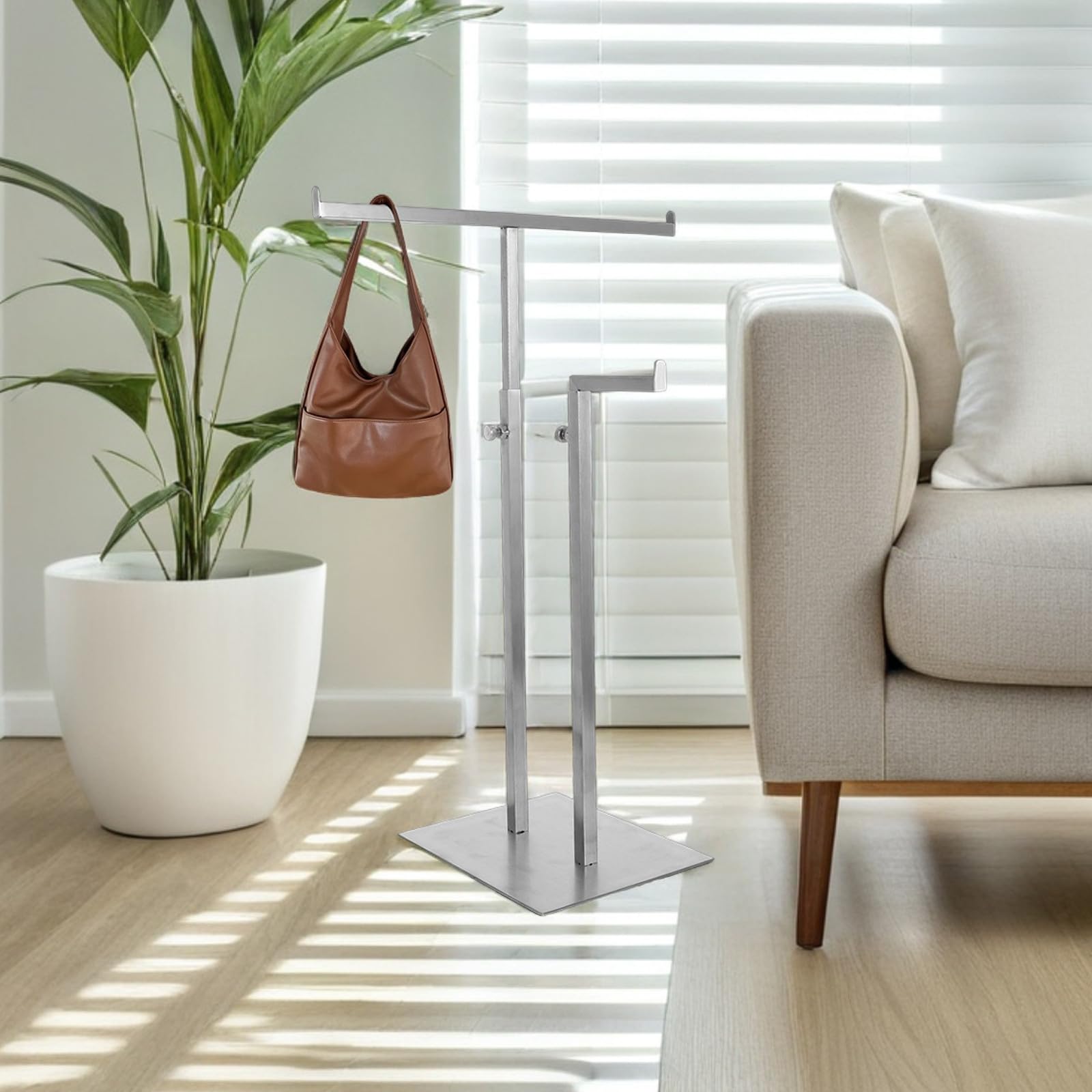 BETOOKY Edelstahl T förmiger Handtaschenständer mit 2 Ebenen Minimalistisches Taschendisplay für Schmuck und Geldbörsen Flexibel und Pflegeleicht für Bekleidungsgeschäfte
