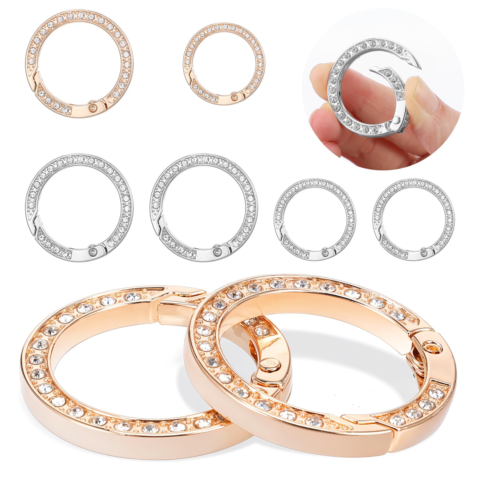 Nogeqi 8 okrągłych breloczków do kluczy, złote, 33 mm, 25 mm, błyszczący karabińczyk, okrągłe, stras, metalowe zamknięcie zatrzaskowe, kamienie strasu, do torebki, biżuterii, rękodzieła (srebrny,