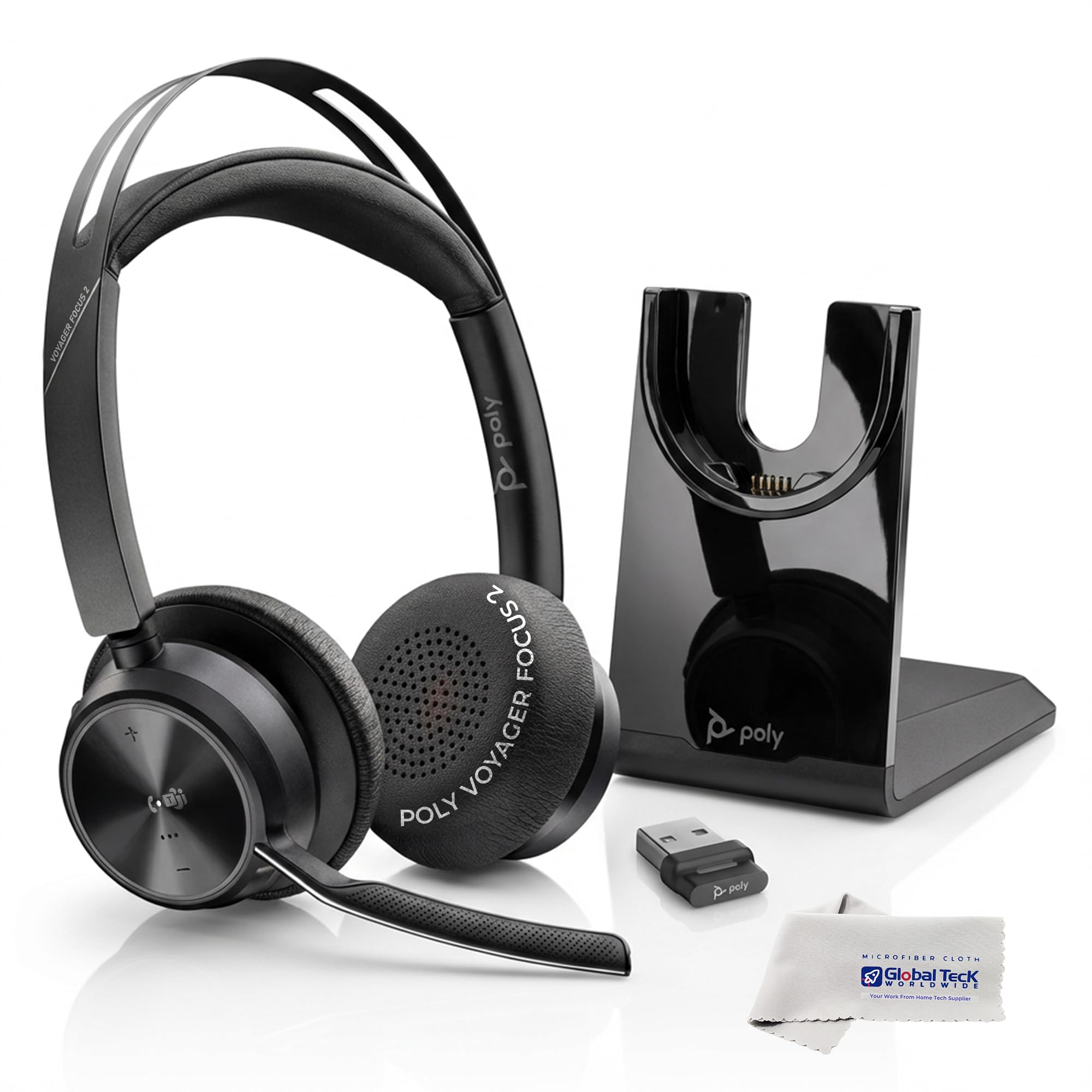 Plantronics Poly Voyager Focus 2 UC, Bluetooth Stereo Headset with Charge Stand, USB-A for Teams, Connects to Deskphone, PC/Mac, Smartphone - Global Teck Bundle w/Microfiber Cloth