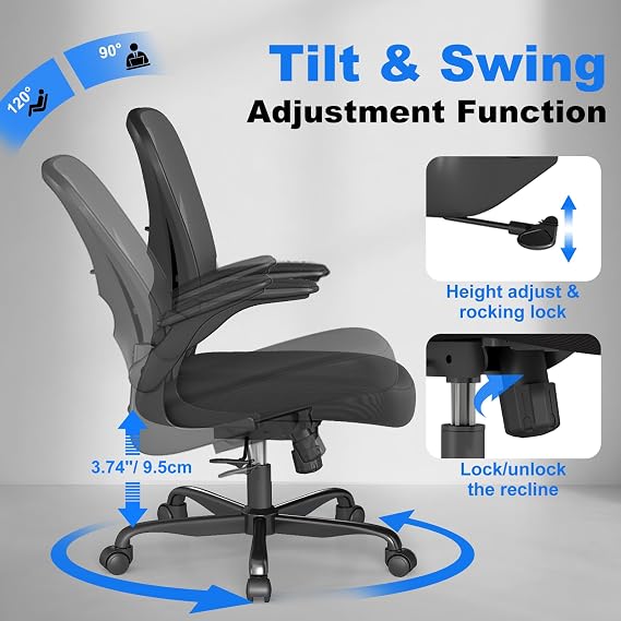 Ergonomic Office Chair with Adjustable Lumbar Support, 136 KG Swivel Desk Chair with Flip-Up Arms, Mesh Comfy Padded Seat for Computer and Home, Black