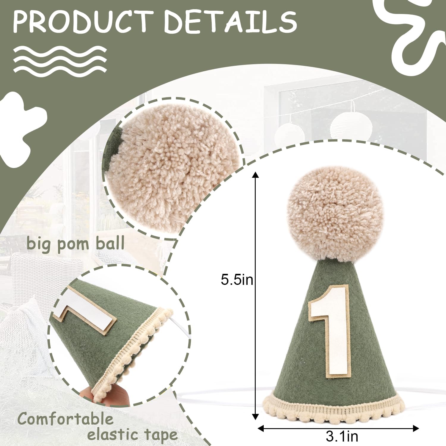 Wild One Birthday Hat - Wild Woodland First Birthday Decorations, Deep Green Hat, Safari Jungle Crown Photo Props Cake Smash for Baby Boys - Image 2