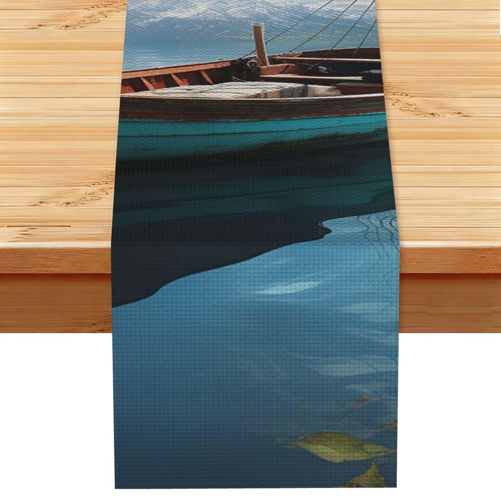 Fishing Boat Table Runner 13x72 Inch Cotton Linen Table Linen Washable Farmhouse Tablecloth Modern Abstract Art Kitchen Dinning Table Decoration for Home Party Decor