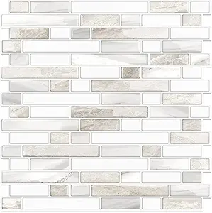 STICKGOO Thicker Design Peel and Stick, Self Adhesive Stick On Tile Backsplash for Kitchen and Bathroom, Beige & White, 12”×12”, 10 Sheets