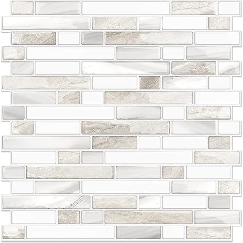 STICKGOO Thicker Design Peel and Stick, Self Adhesive Stick On Tile Backsplash for Kitchen and Bathroom, Beige & White, 12”×12”, 10 Sheets