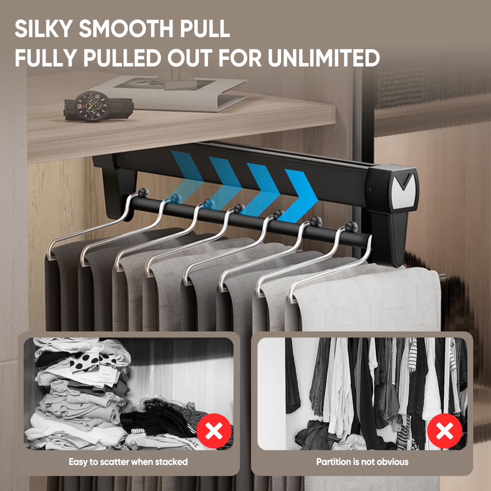 Tringle Pantalon Support 25kg Tringle Vêtements Extensible Aluminium - Réglable 292-542mm - Gris - Gain De Place Accessoire Dressing Modulable