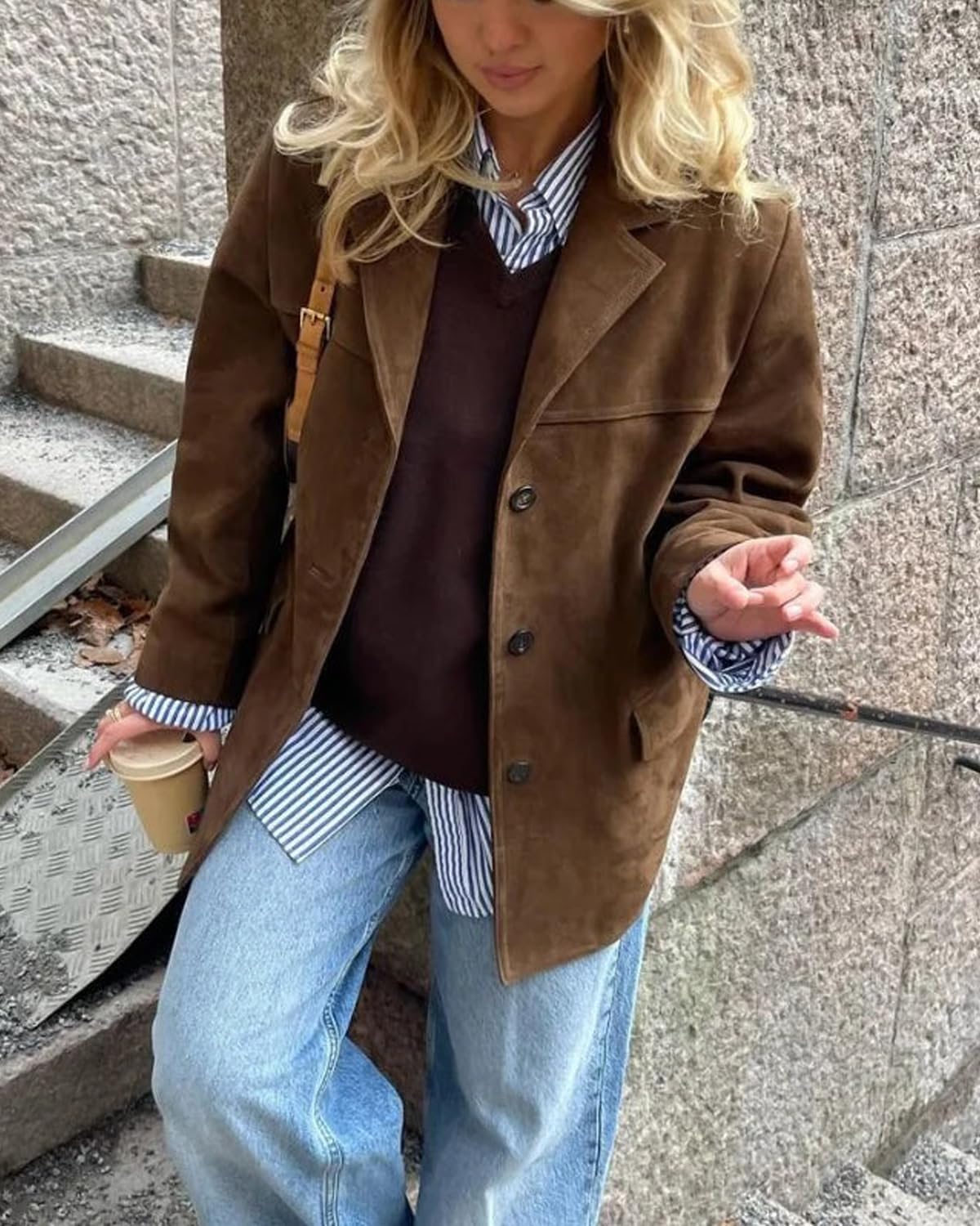 Woman Chic Brown Lapel Suede Jacket Aesthetic Y2k Pocket Long Sleeve Faux Leather Jacket Coat Outwear Streetwear