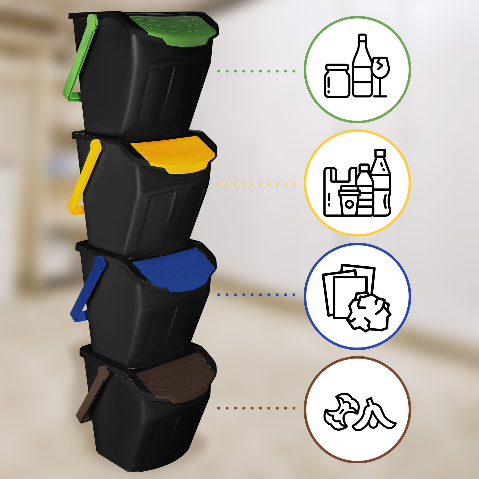 KOTARBAU® Mülltrennsystem Mülleimer Küche 4 Fächer Abfalleimer Deckel Plastik Küchenabfalleimer Küchenmülleimer Recycling System Trennsystem Müllsystem Dustbin Mülltrennung Eimer Mülltrennsysteme