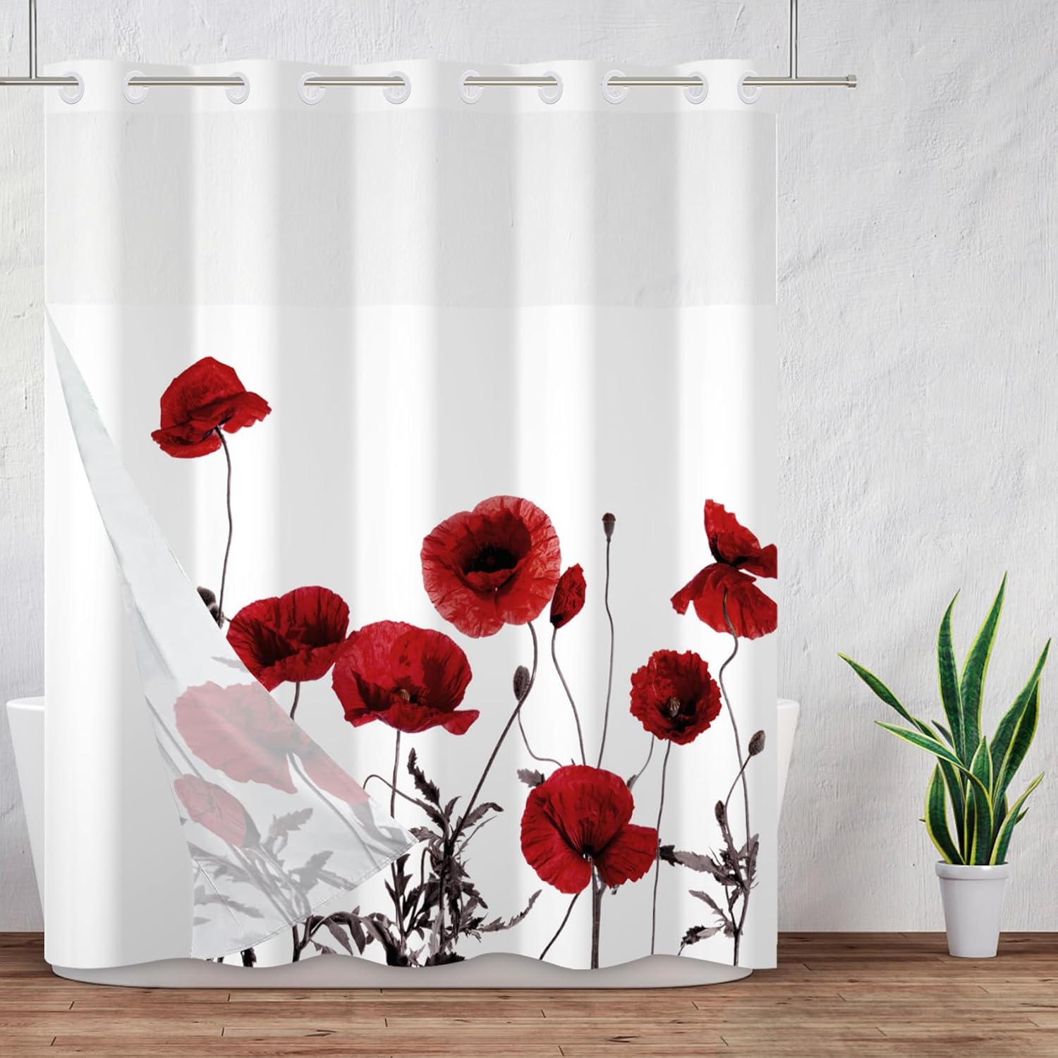 Baocicco Red Poppy Hotel Style Shower Curtain with Snap in Liner Aesthetic Floral Plants Double Layers with See Through Mesh Top Window Modern Fashion No Hook Shower Curtain 71x74 Inch