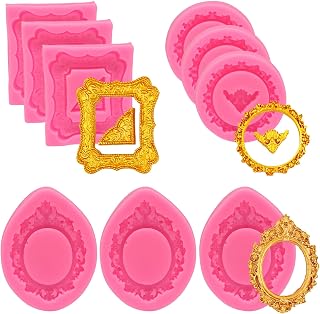 9 Pack Photo Frame Fondant Molds - Premium Food Grade Silicone Mold Set for Cake Decorating, Candy & Polymer Clay - Vintage Baroque Style Frames（3 Square & 3 Round & 3 Ellipse）