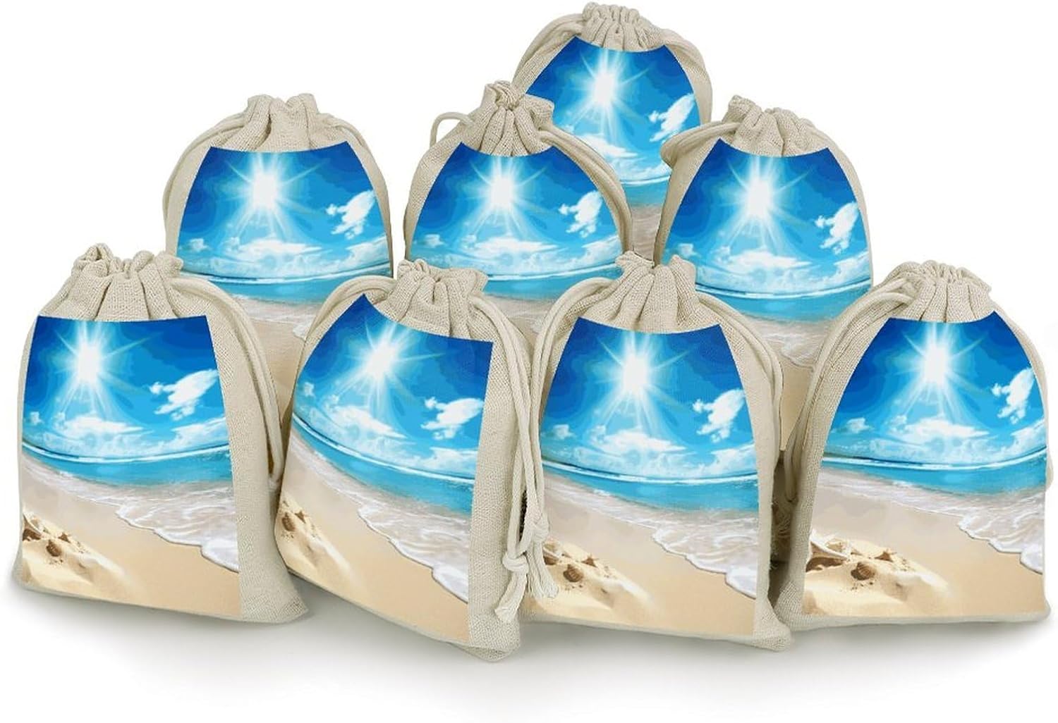 Bright Sunshine Summer Beach Cotton Linen Drawstring Bags Pack of 8
