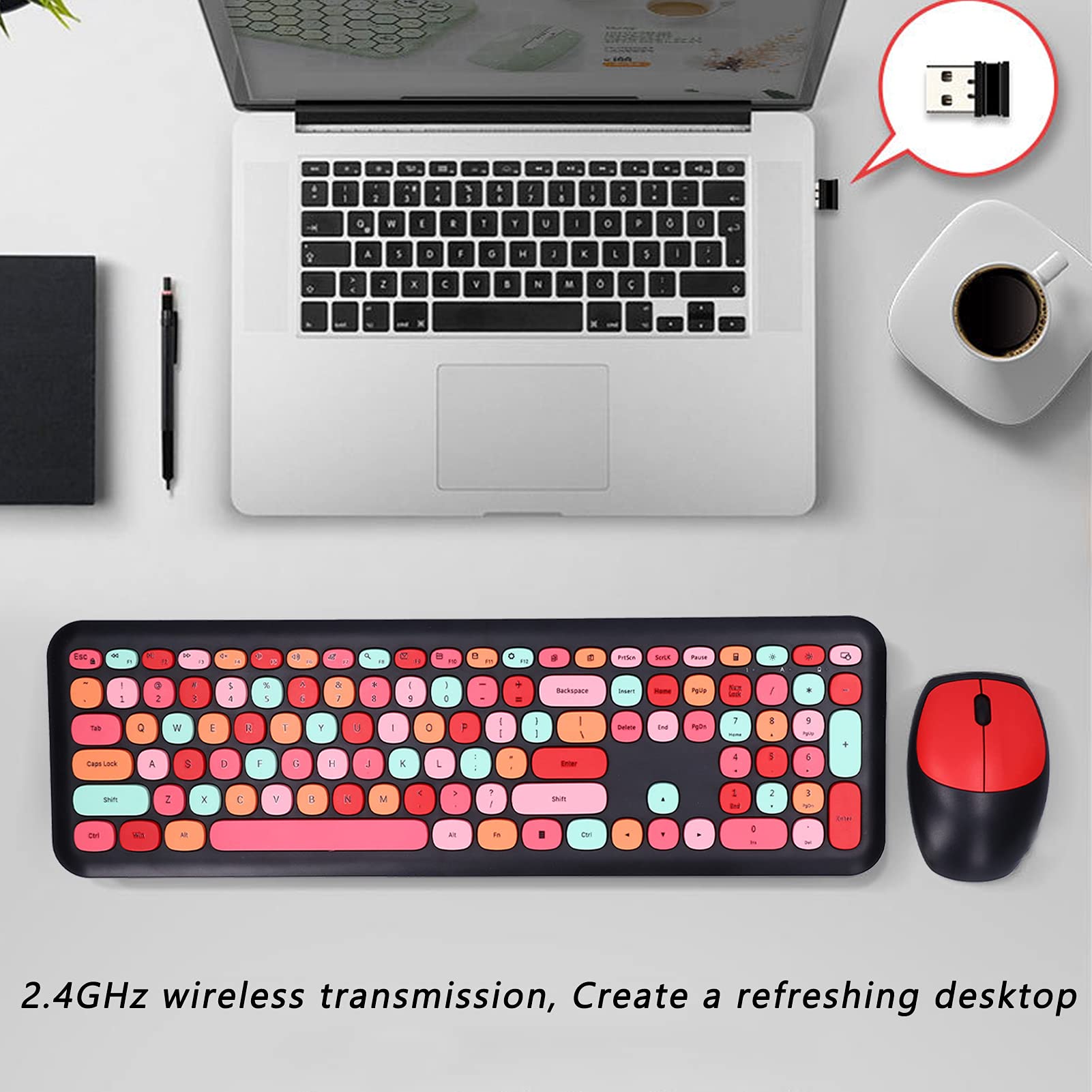 Girl 110Keys Keyboard Mouse Combo, Retro Mixed Color Keyboard with Cute Mouse Set, 1200 DPI 3Keys Mouse for Gaming PC (Black Mixed Color Keyboard and Mouse Set)