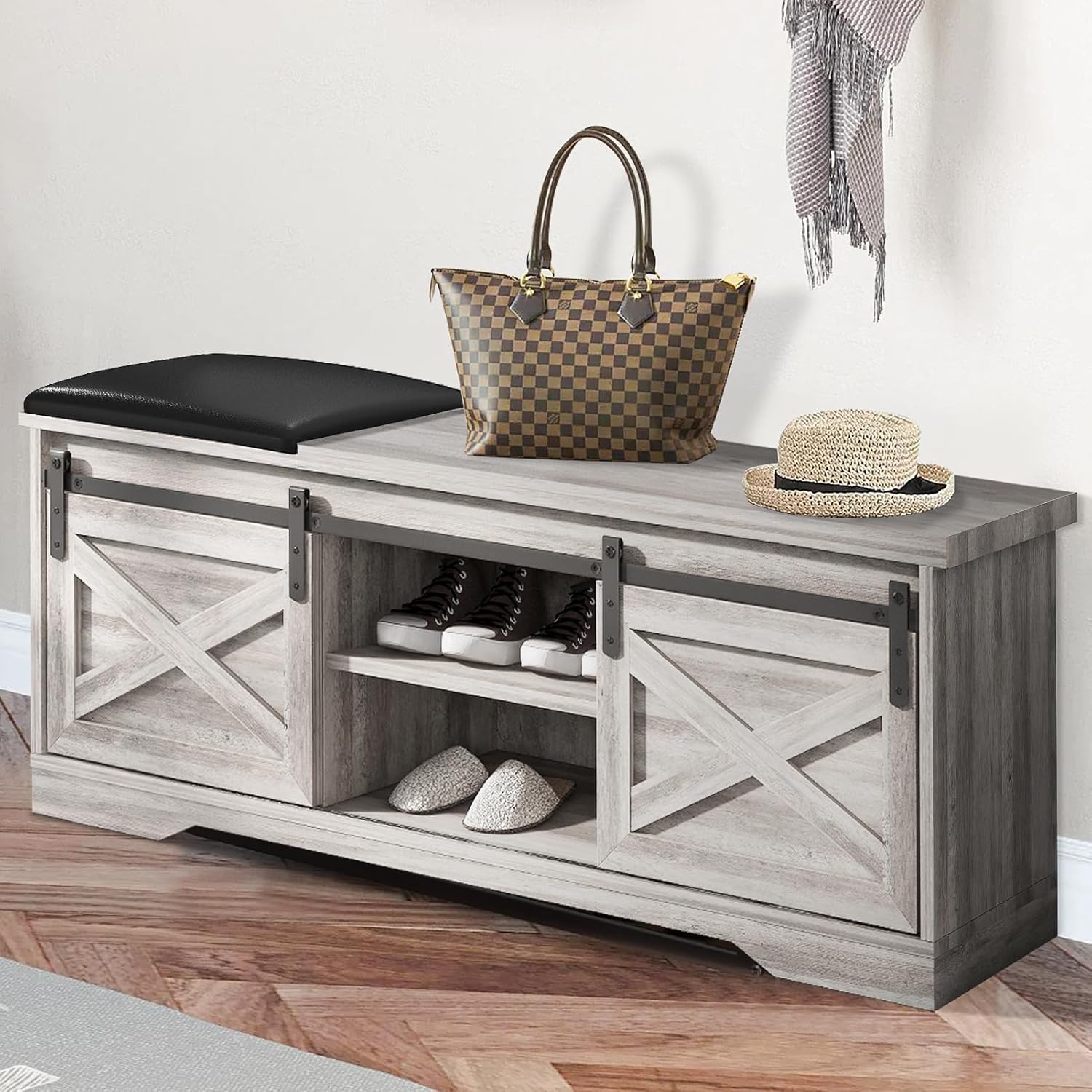 Vibe & Dine Shoe Storage Bench, Farmhouse Entryway Bench with Shoe Storage, Shoe Bench with Sliding Grooved Doors for Entryway Hallway, 48 inch, Grey