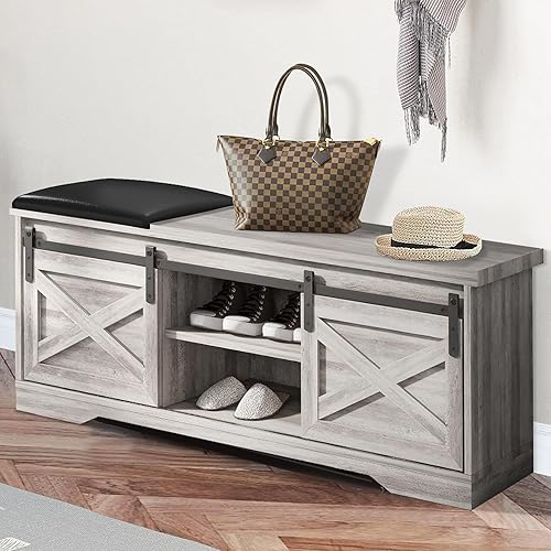 Vibe & Dine Banco de almacenamiento con cojín acolchado de cuero, banco de zapatos de entrada con caja de almacenamiento grande con parte superior