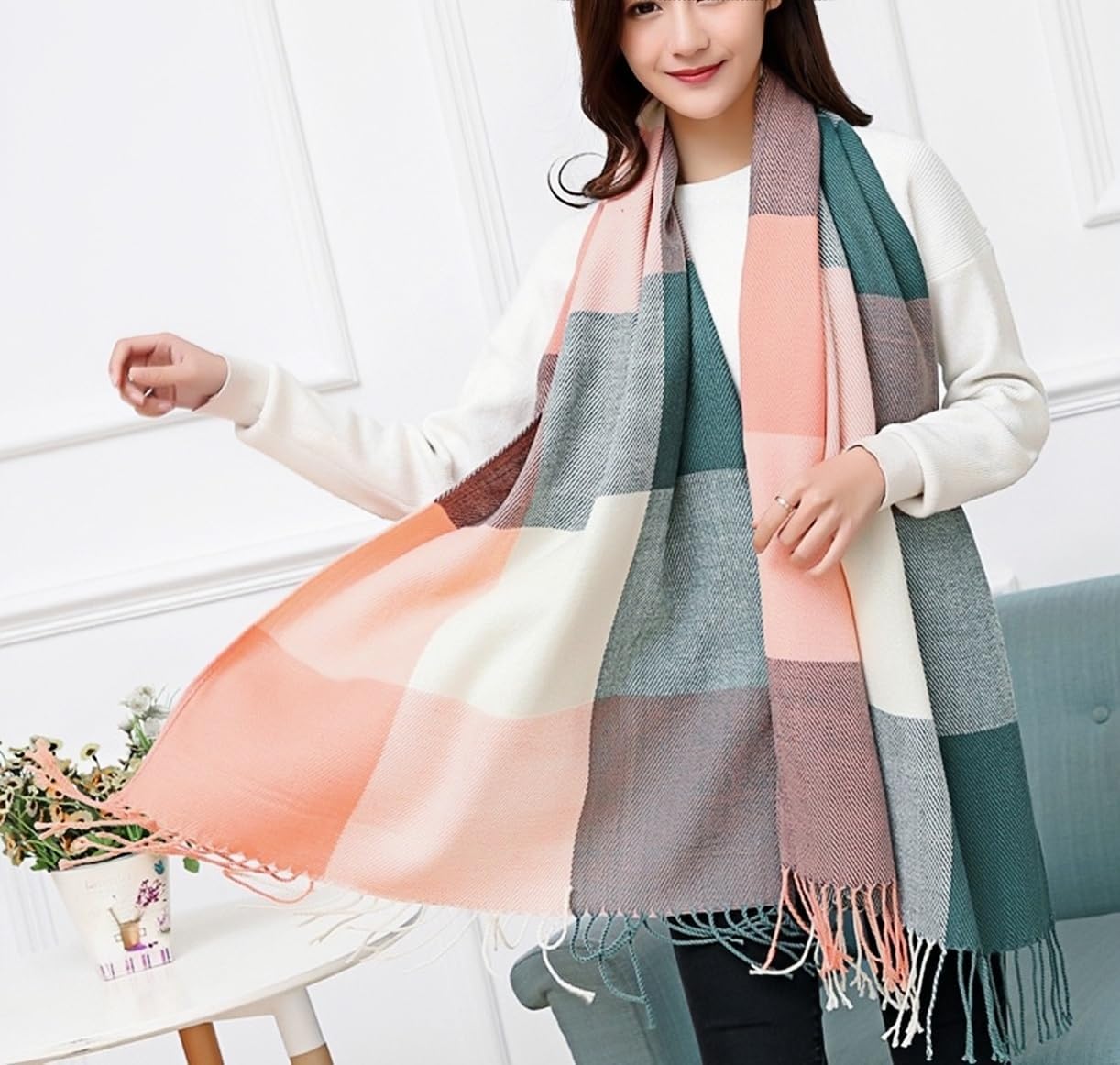 Wander Agio Women's Fashion Long Shawl Big Grid Winter Warm Lattice Large Scarf - Image 3