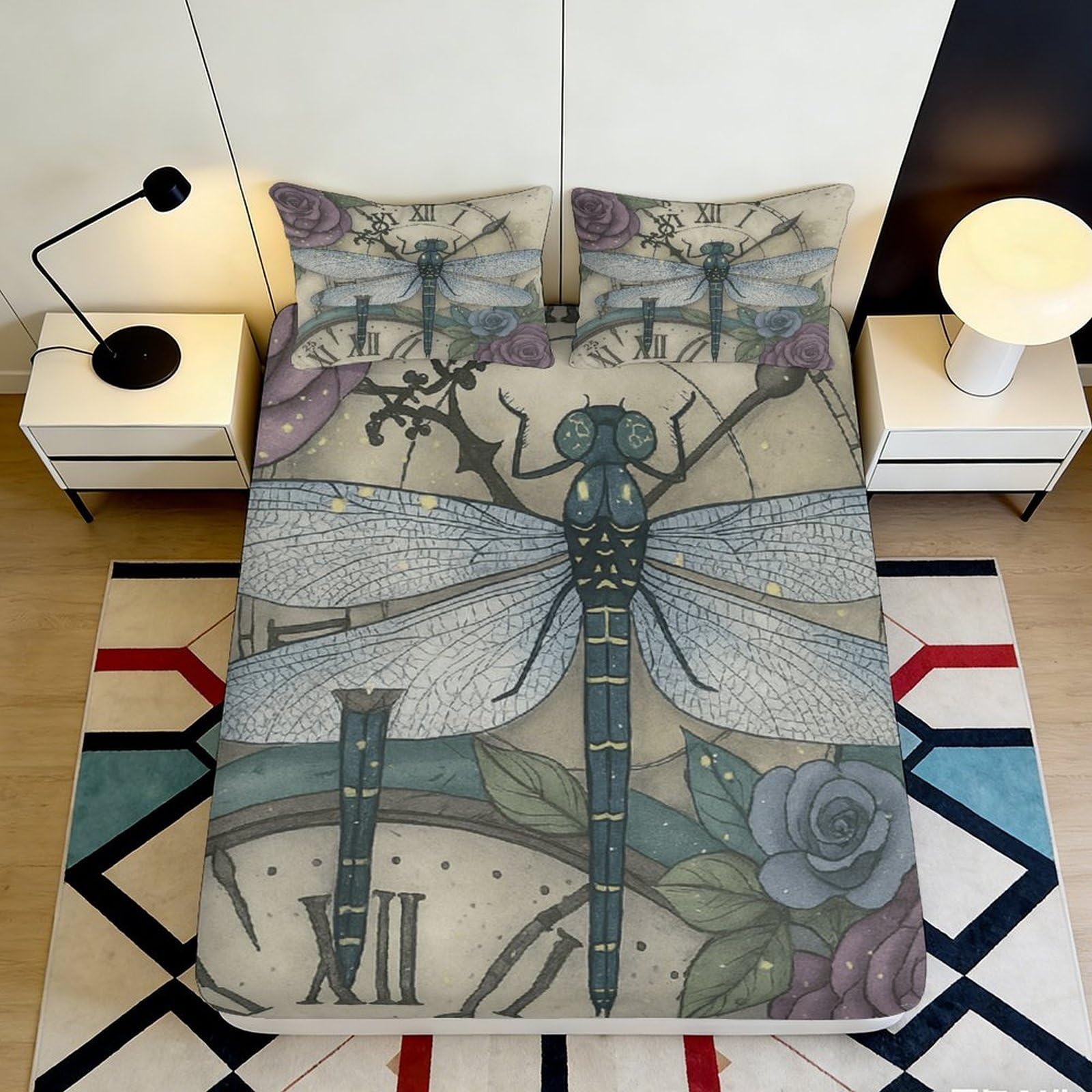 3D Printed Dragonfly Vintage Fitted Sheet Microfiber Artistic Floral Bed Cover for Bedroom Dorm Mattress Protection Decor 90x200x25cm