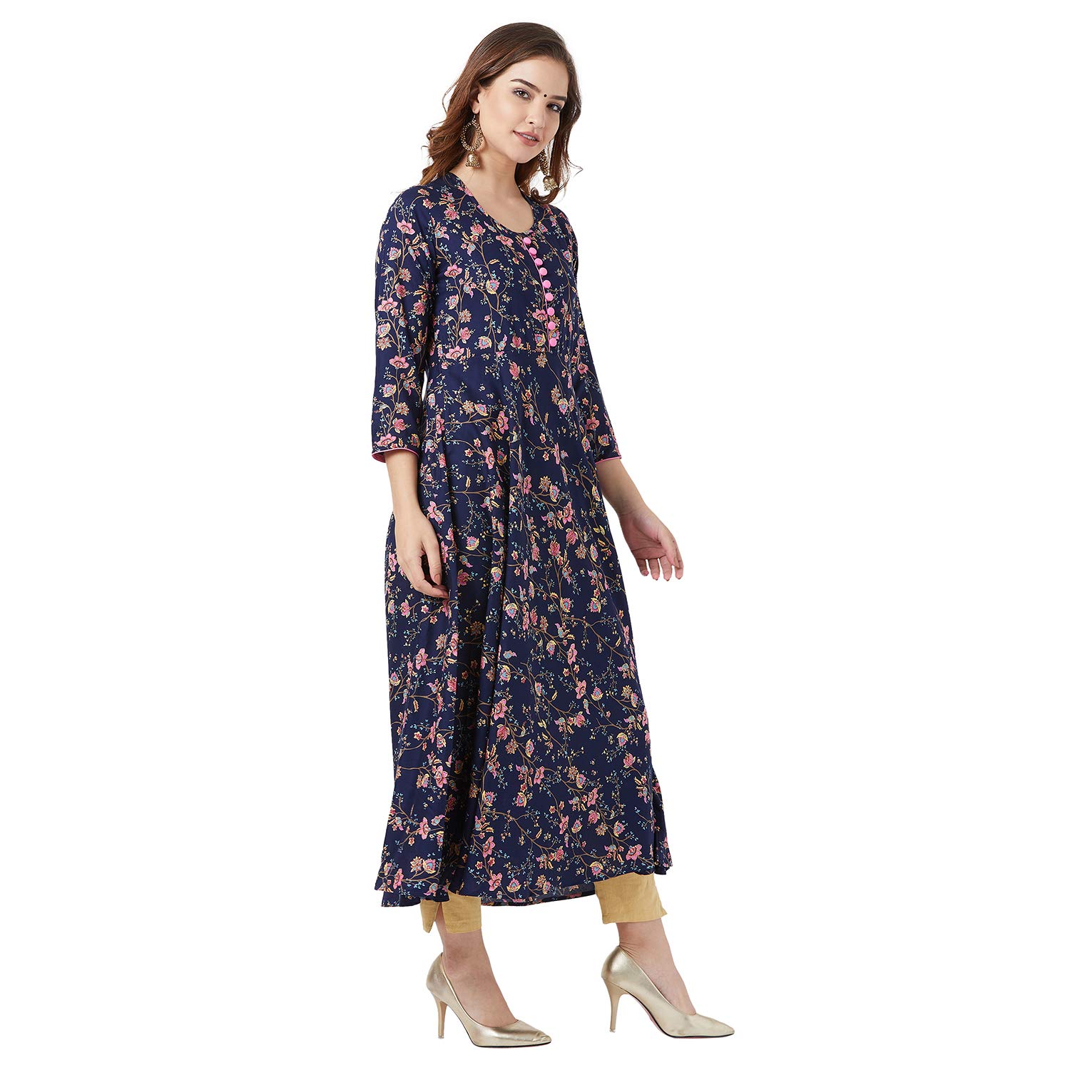 Tissu Women's Rayon Floral Printed Flared Kurta (Dark Blue Xs)