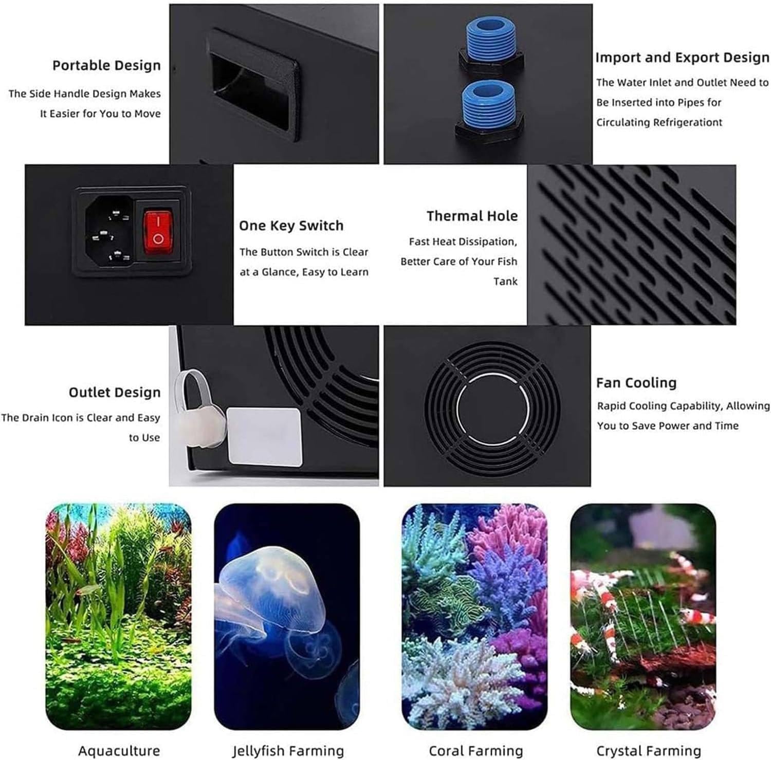 Enfriador de agua para acuario, 160 litros, 300 litros, 500 l para peceras, hidroponía y tanques de arrecife, diseño especial silencioso para coral, medusas, camarones y plantas acuáticas