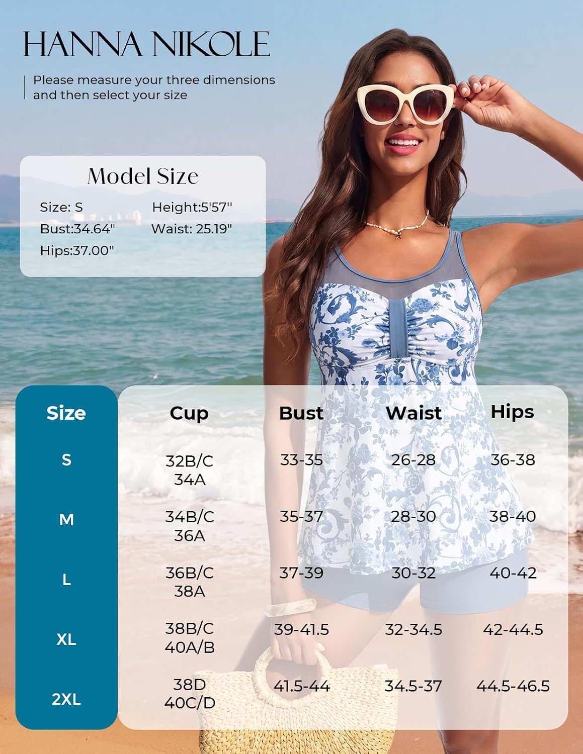 Hanna Nikole Women Two Piece Tankini Swimsuit Modest Bathing Suit Mesh Flowy Swim Top with Tummy Control Boy Shorts
