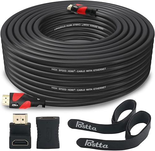 Postta Cable HDMI de 50 pies HDMI 2.0 V con 2 bridas para cables + 2 adaptadores HDMI compatibles con 4K 2160P, 1080P, 3D, retorno de audio y