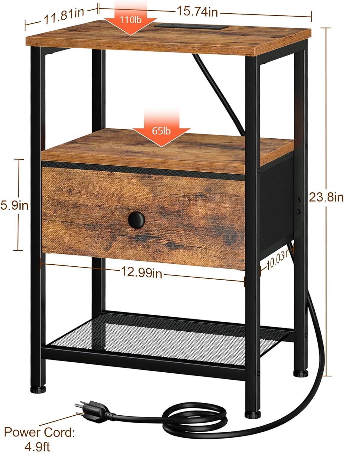 Nightstand with Charging Station, End Table with Fabric Drawer, Night Stand for Bedroom, Small Bed Side Table with USB Ports and Outlets for Living Room, Brown, HETS010BR-1 - Image 6