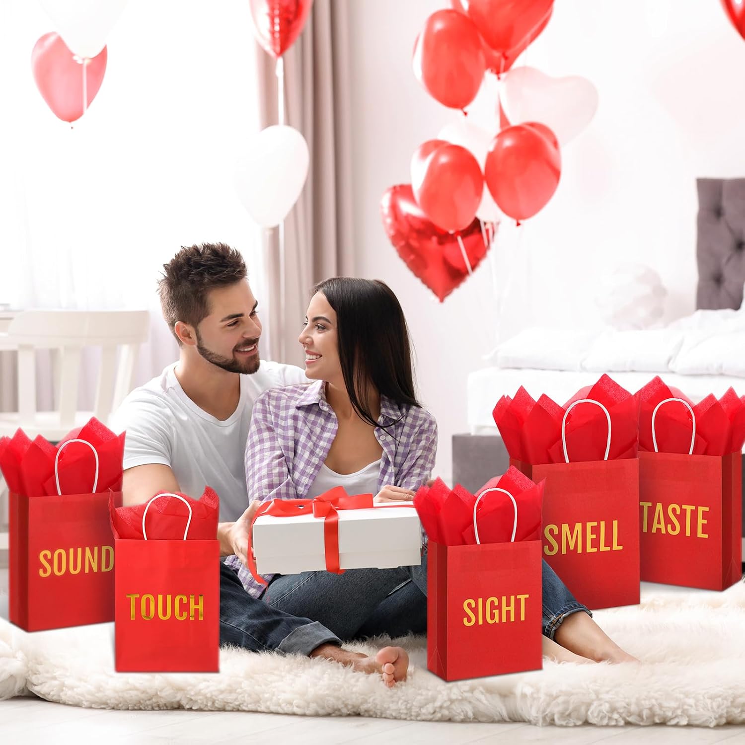Kolldenn 5 Senses Gift Bags for Him for Her with 10 Pcs Tissue Paper, Paper Bags with Handles Five Senses Gifts for Valentines Christmas Birthday Wedding Anniversary(Red,8.3 x 4.3 x 10.6 Inch) thumbnail