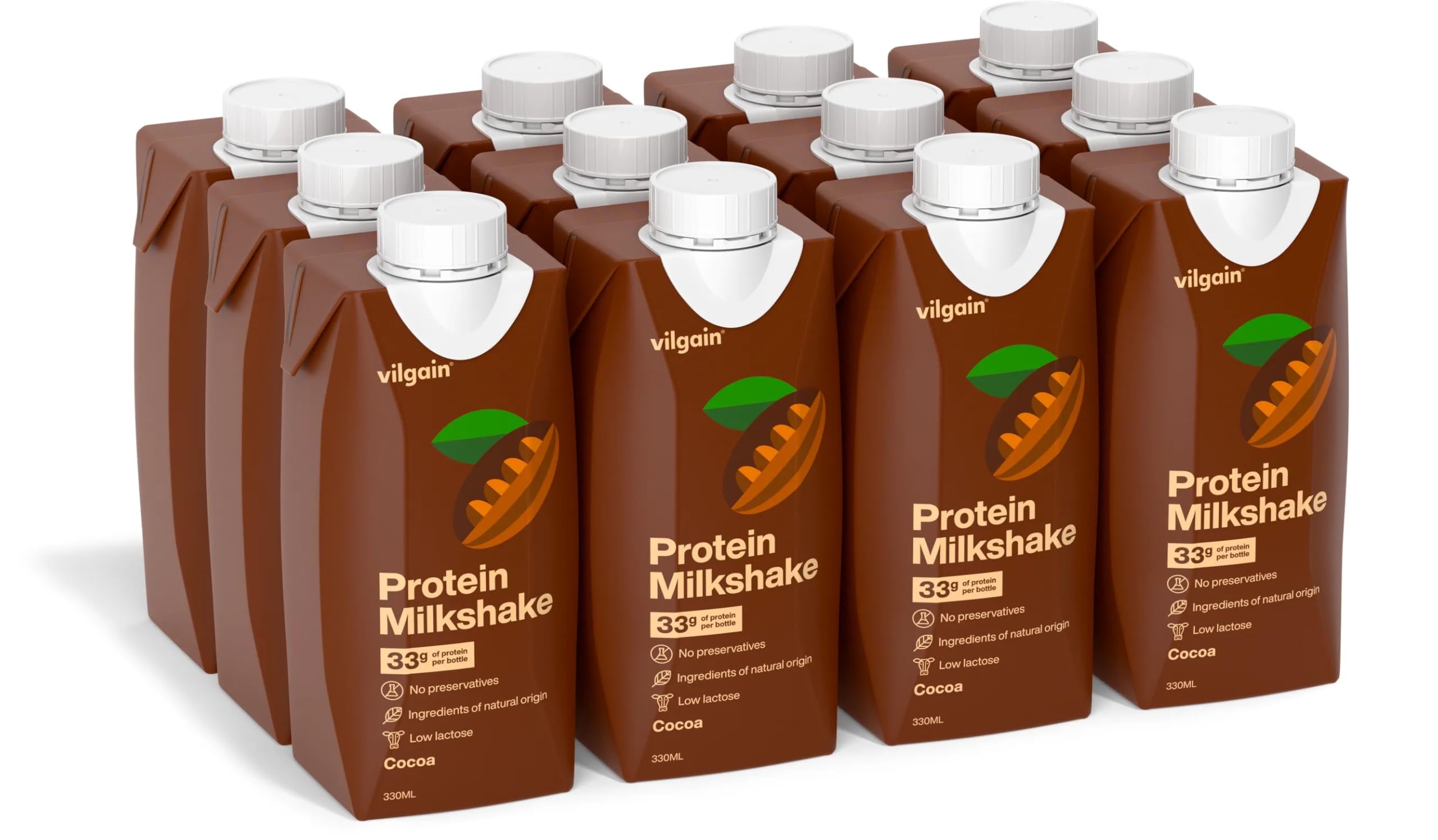 Vilgain Protein Milkshake (12x330 ml) Kakao – 33 g Protein Cremiger Milchshake Ohne Zuckerzusatz, Low Lactose Ready-to-Drink Protein Drink Mit Inulin & Stevia, Fitness Drink Schoko Snack
