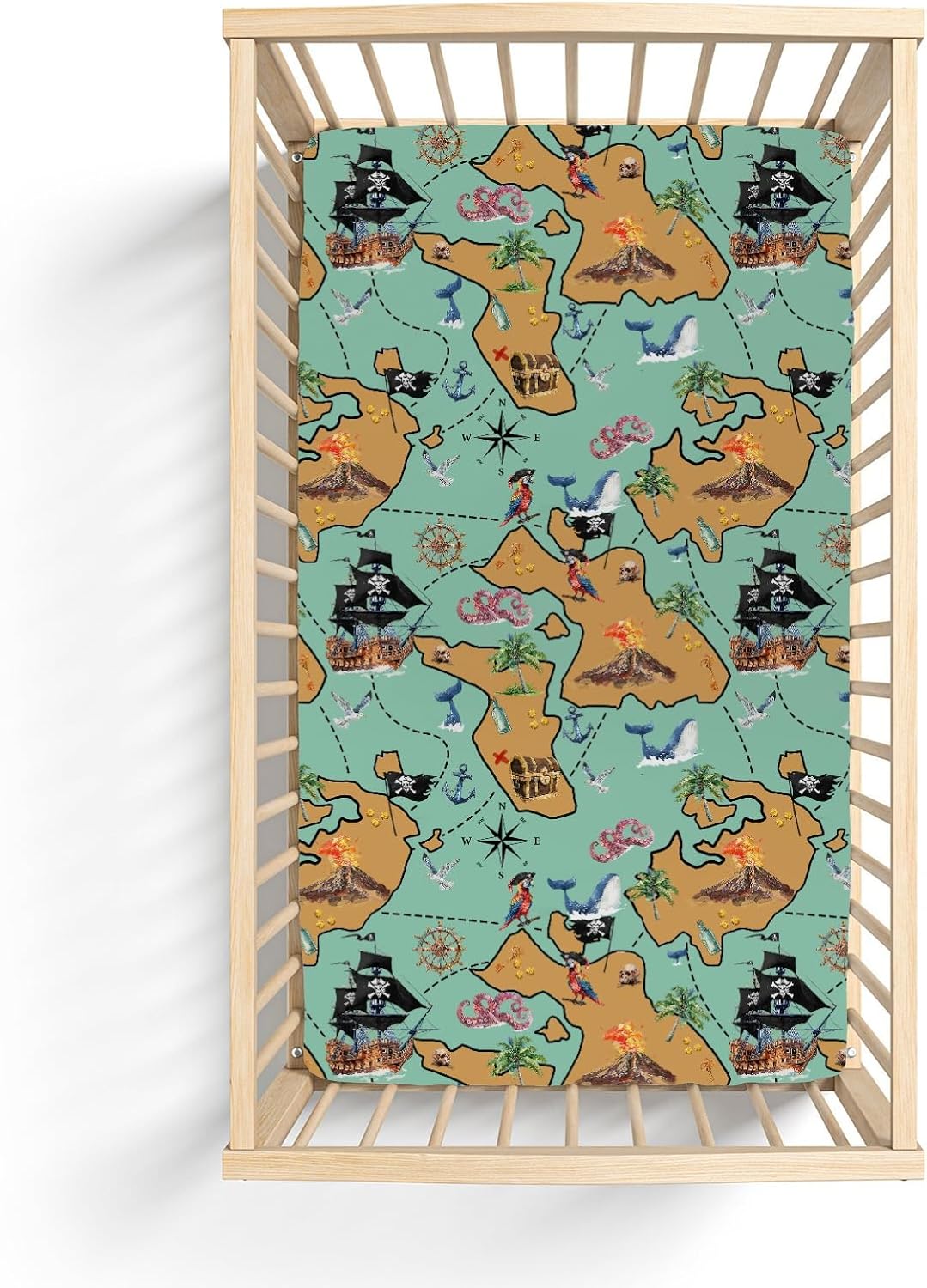 Fantasy Pirate Treasure Map Baby Crib Sheets for Boy Girl 52x28 Pirate Ship Island Anchors Compass Soft Snug Fitted Crib Mattress Cover Adventure Baby Sheet for Standard Crib & Toddler Mattress