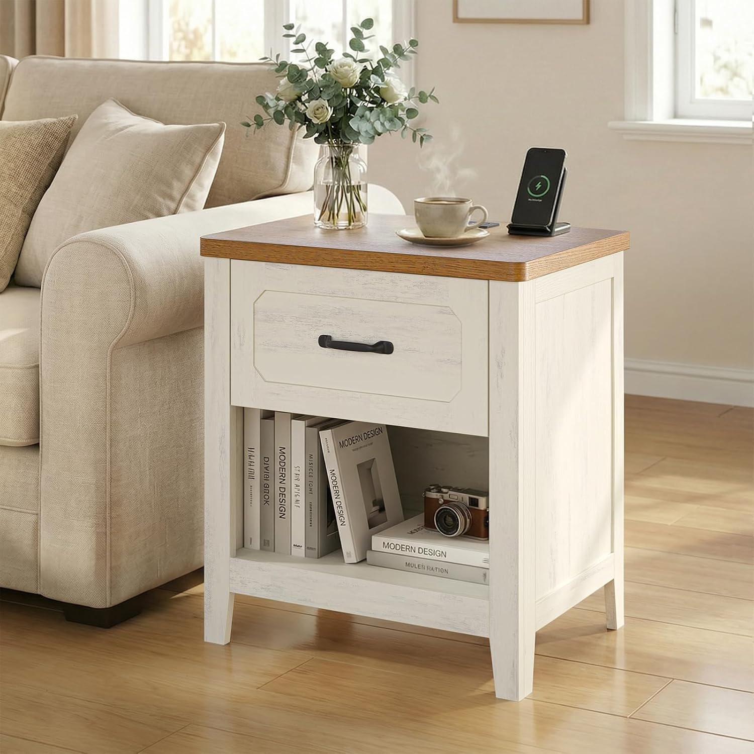 Farmhouse Nightstand with Charging Station, 22'' Wide Bedside Table with Drawer & Open Shelf, Wood Night Stand End Side Table with Storage for Bedroom, Rustic White