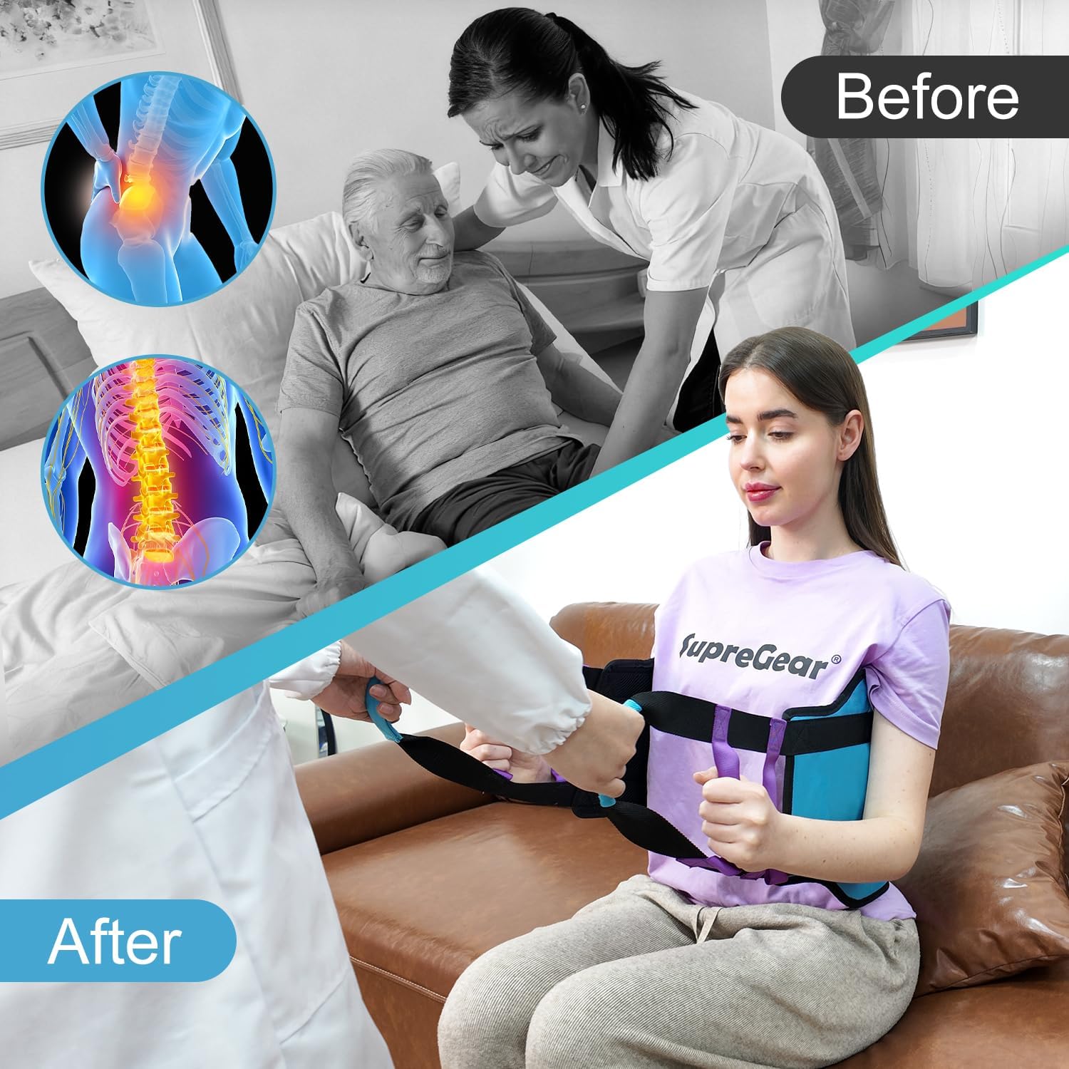 supregear Transfer Sling, 35" Padded Lift Assist Aid with 6 Handles, Caregiver Repositioning Sling for Seniors, Elderly Adults, Bed Turning, Standing & Daily Mobility Assistance, Aqua