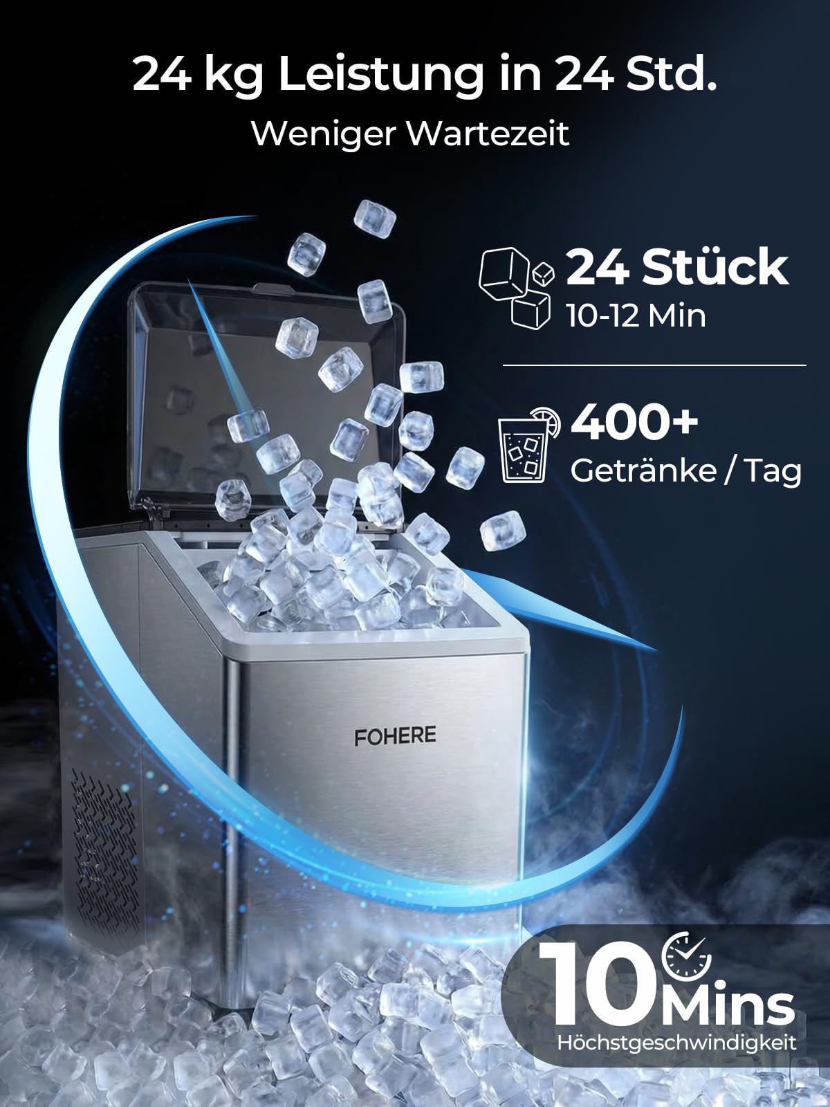FOHERE Eiswürfelmaschine Edelstahl, 24kg/24h, 24 Eiswürfel in 10 Min, 3.2L Dual-Wasserzufuhr, 40 dB Flüsterleise, Timer & Selbstreinigung & Abtaufunktion, für Hausbar & Partys
