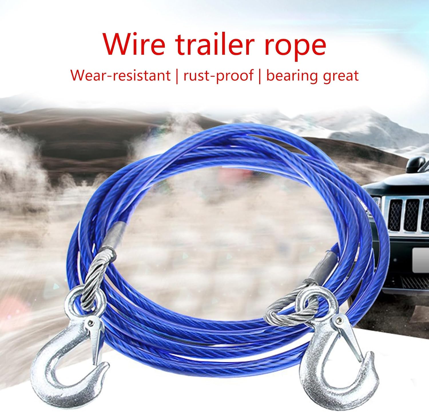 Heavy Duty Tow Cable for Vehicle Recovery Winch Strap Tow Rope Trailer Rope with Hook for Towing Car SUV All Weather Towing Strap