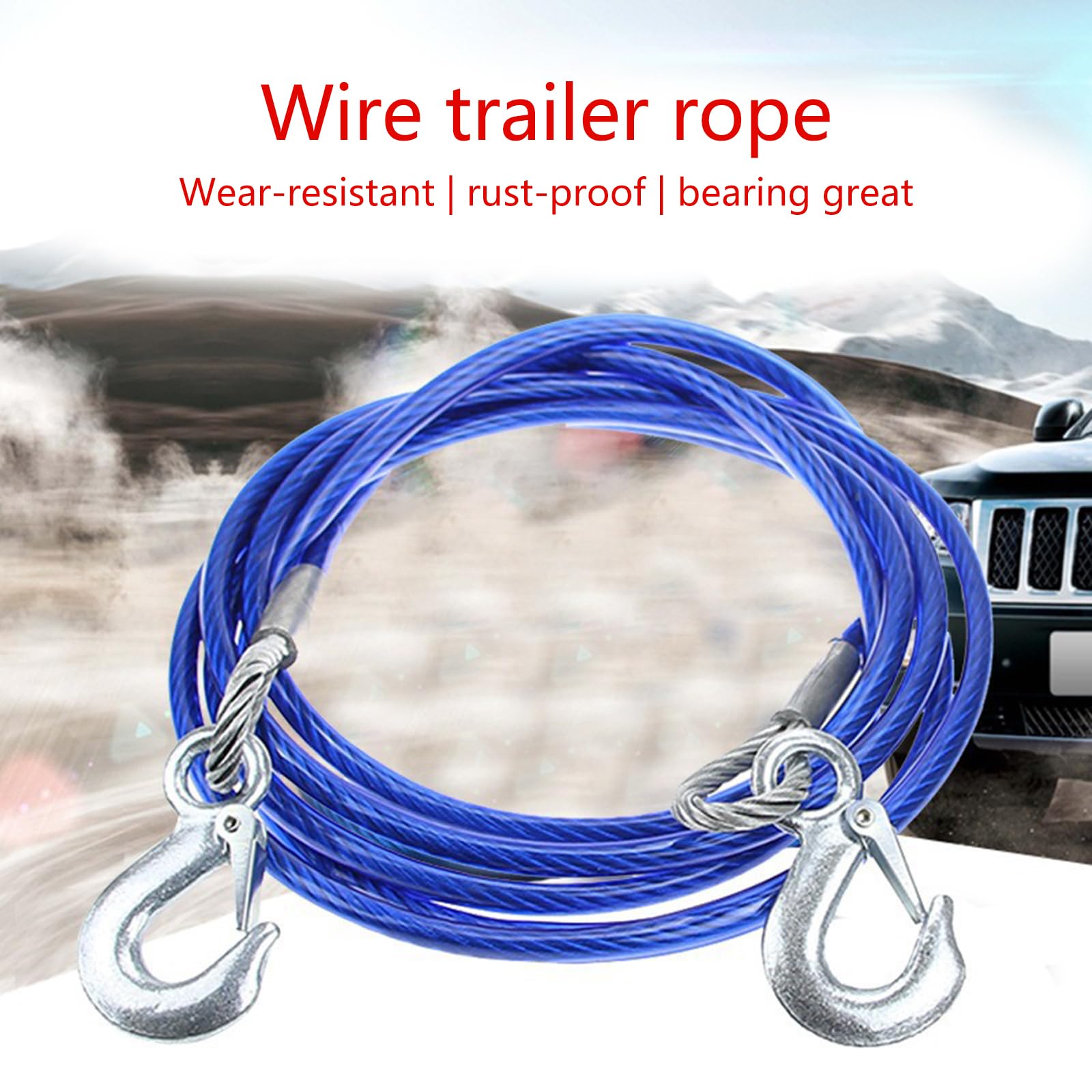 4/5m Tow Rope Load Capacity 3/5/7 Ton with Hook Trailer Rope Heavy Duty Tow Cable Winch Strap for Towing Car SUV