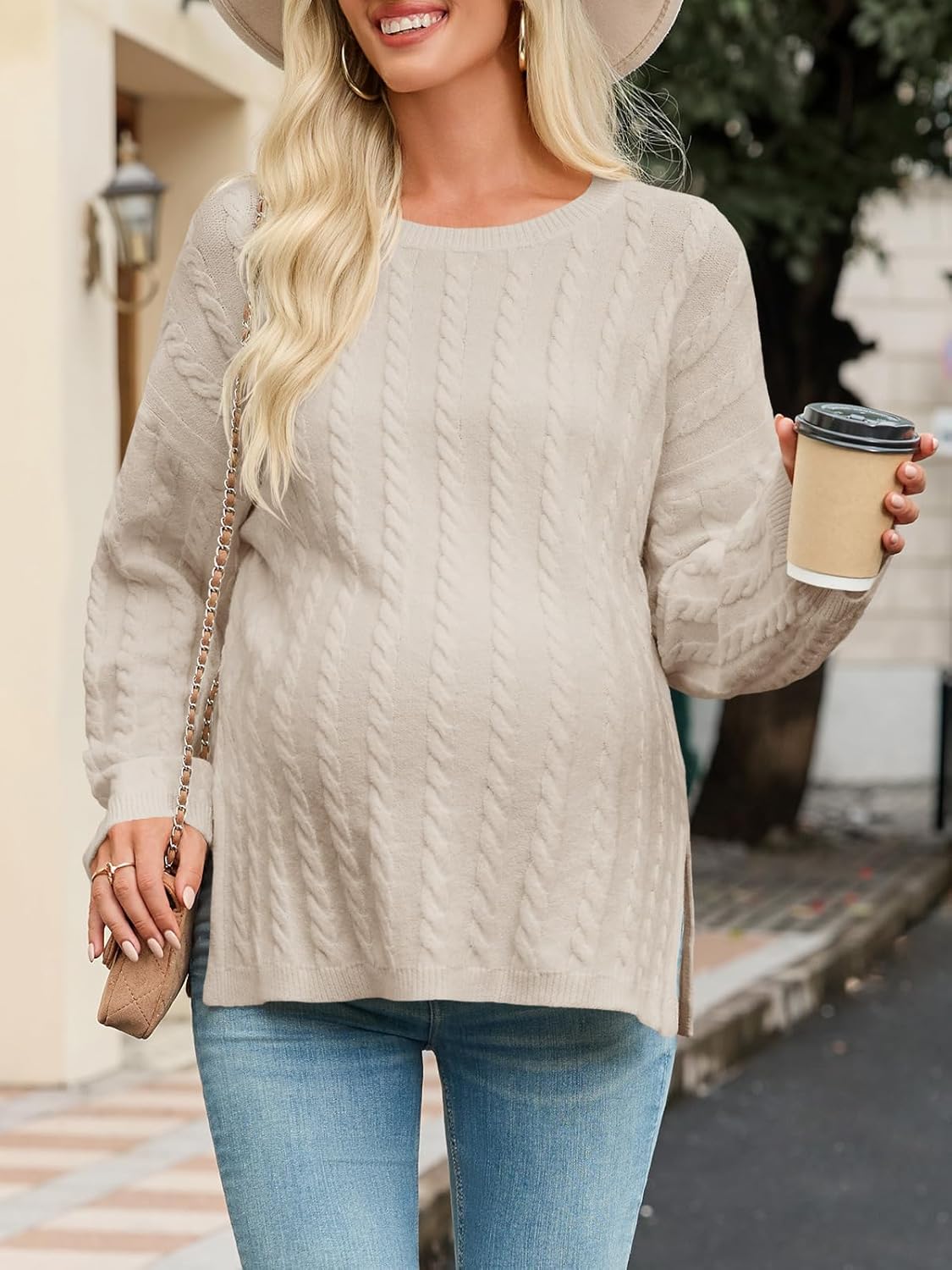 Saodimallsu Womens Maternity Sweater Tops Casual Cable Knit Crewneck Long Sleeve Split Fall Pullover Pregnancy Clothes - Image 5
