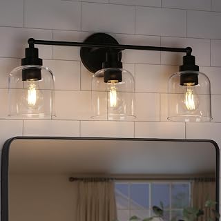 KSANA Modern Bathroom Vanity Lights, 3-Light Vanity Light Over Mirror Farmhouse 22" Black Bathroom Light Fixtures with Clear Glass Shade for Bedroom, Hallway, and Entryway