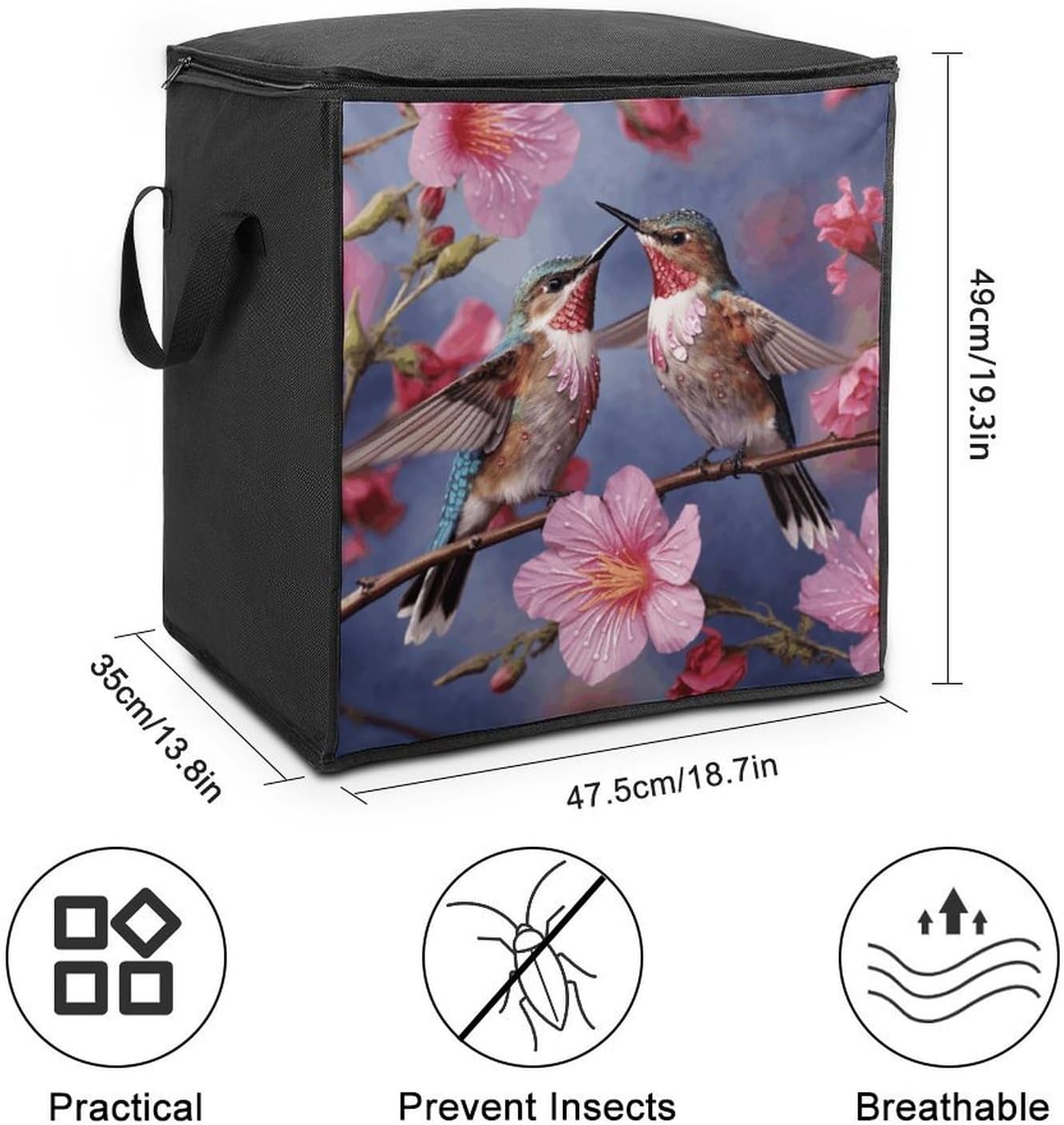 Humming Birds With Pink Storage Bag with Zippers And Handle Extra Large Bedding Comforter Storage Bag Foldable Blanket Storage Bags Fabric Moving Bags for Closet Organizer (70L)