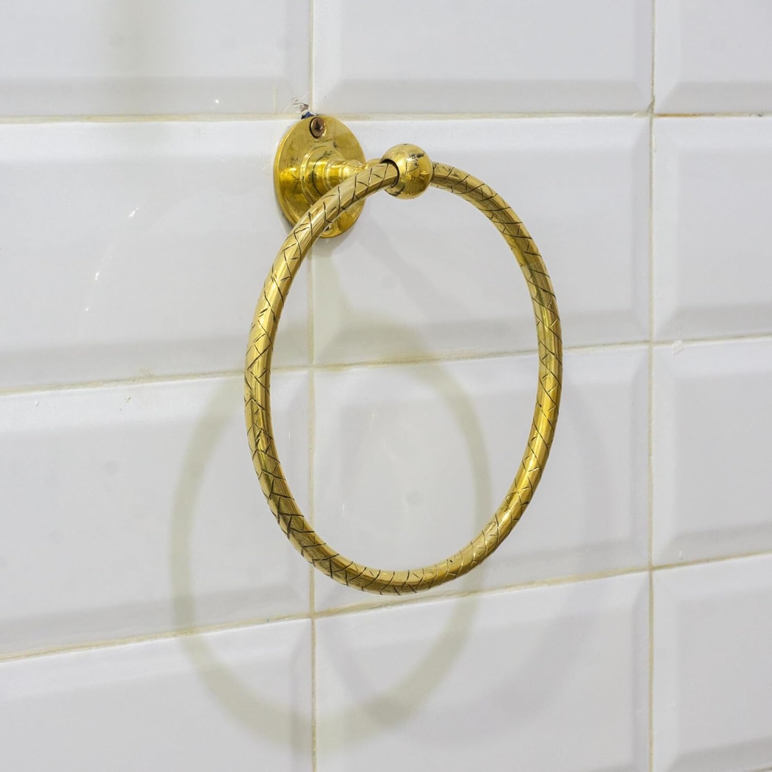 Unlacquered Golden Brass Towel Ring – 6 Inch Handcrafted Wall-Mounted Towel Holder for Bathroom & Kitchen, Vintage Hand Etched Towel Ring