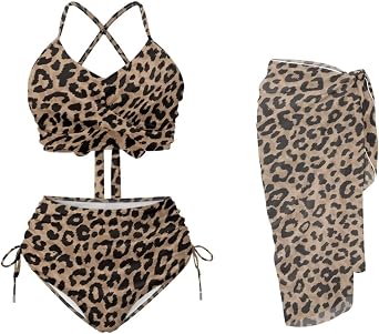 Womens High Waisted Bikini Sets 3 Piece Bathing Suit Tummy Control Swimsuit with Sarong Beach Cover Up Wrap Skirt