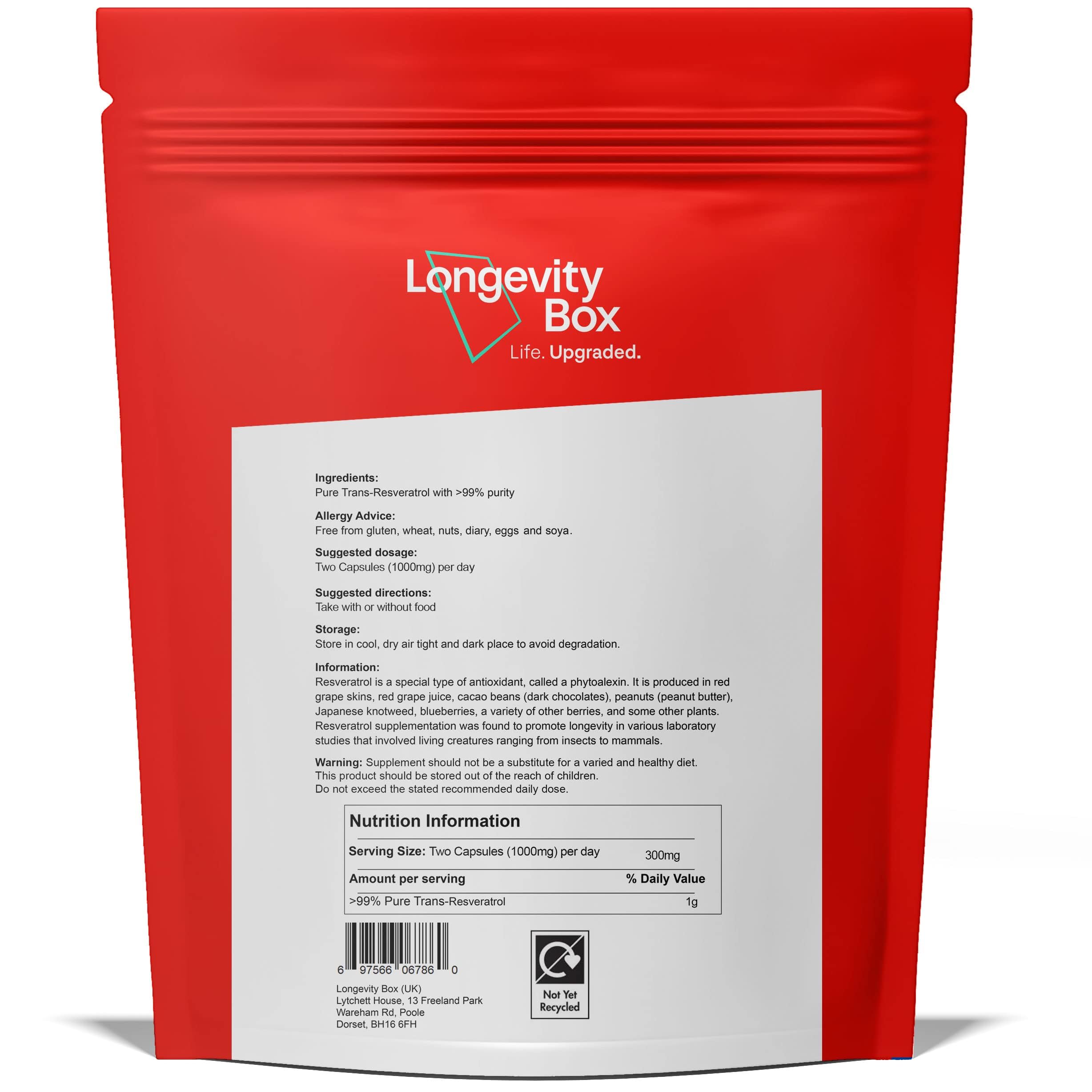 Trans-Resvératrol 1000mg – 60 gélules – 99% pur, végan, sans OGM – testé tiers