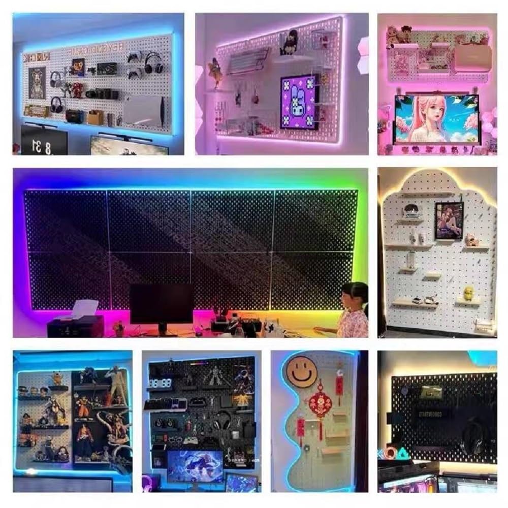 Stecktafel mit RGB- und IC-LED-Lichtstreifen, 2 Metall-Stecktafeln, robust, Gaming-Raum-Wand-Organizer mit Haken, DIY-RGB-Gaming-Setup-Organizer, Wandmontage, 30,5 x