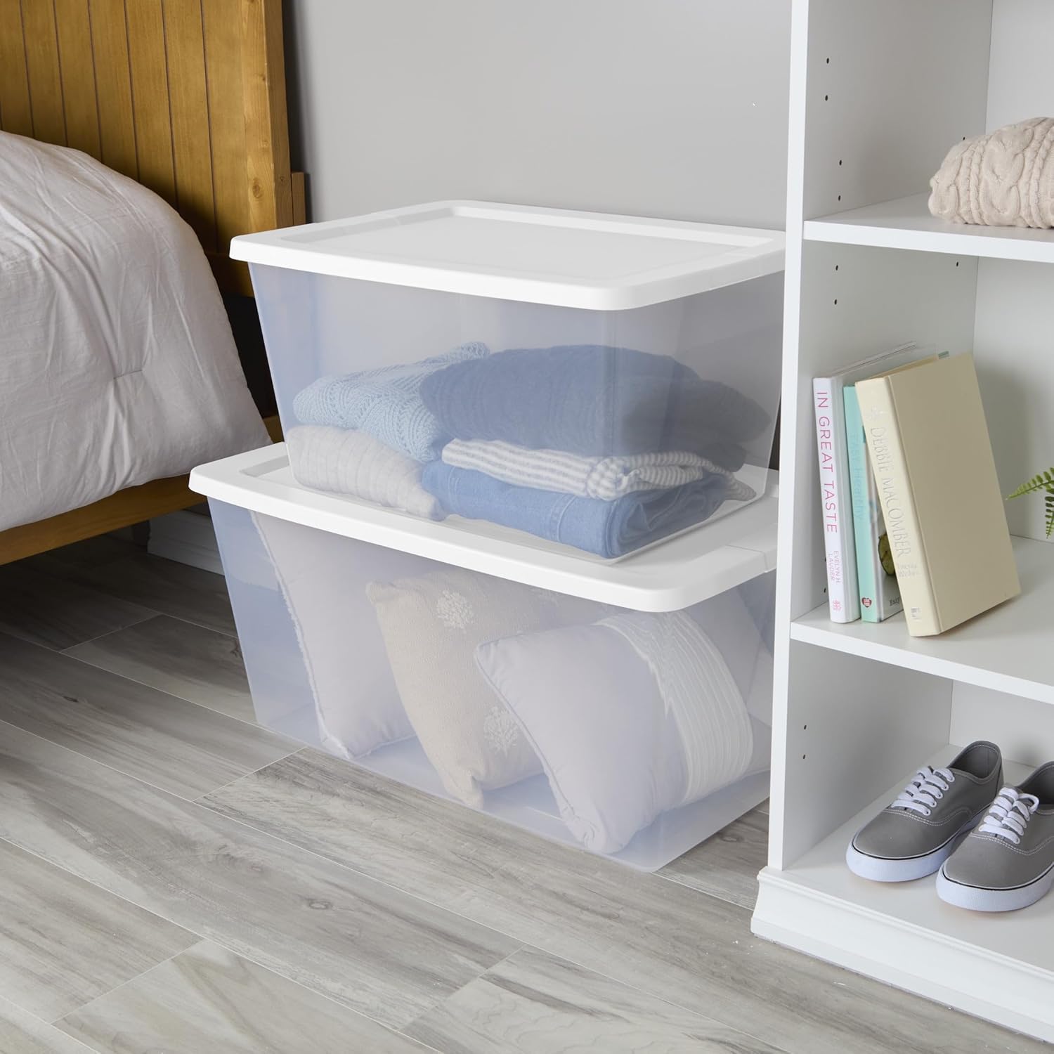 2-Pack 58 Quart Clear Storage Bins with Snap-On White Lids, Stackable Plastic Containers for Home Organization, Closet, Bedroom, Garage Storagea - Image 6