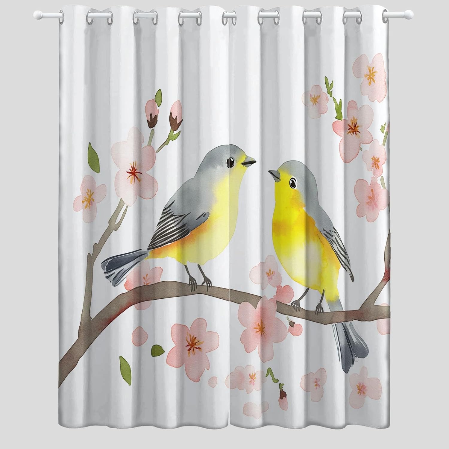 Blackout Curtains Watercolor Warbler Branches Pattern Design, White Grommet Window Drapes, 42" W x 63" L (Pack of 2) Sliding Curtain for Living Room Bedroom Decor