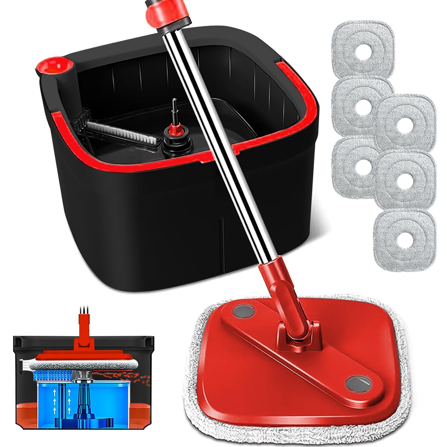 Trapeador y cubo con sistema de agua sucia y limpia M16, autoseparación, cabezal de fregona limpio giratorio de 360° y juego de cubo para suelos de madera dura, mármol, mopa y cubo con 6 almohadillas
