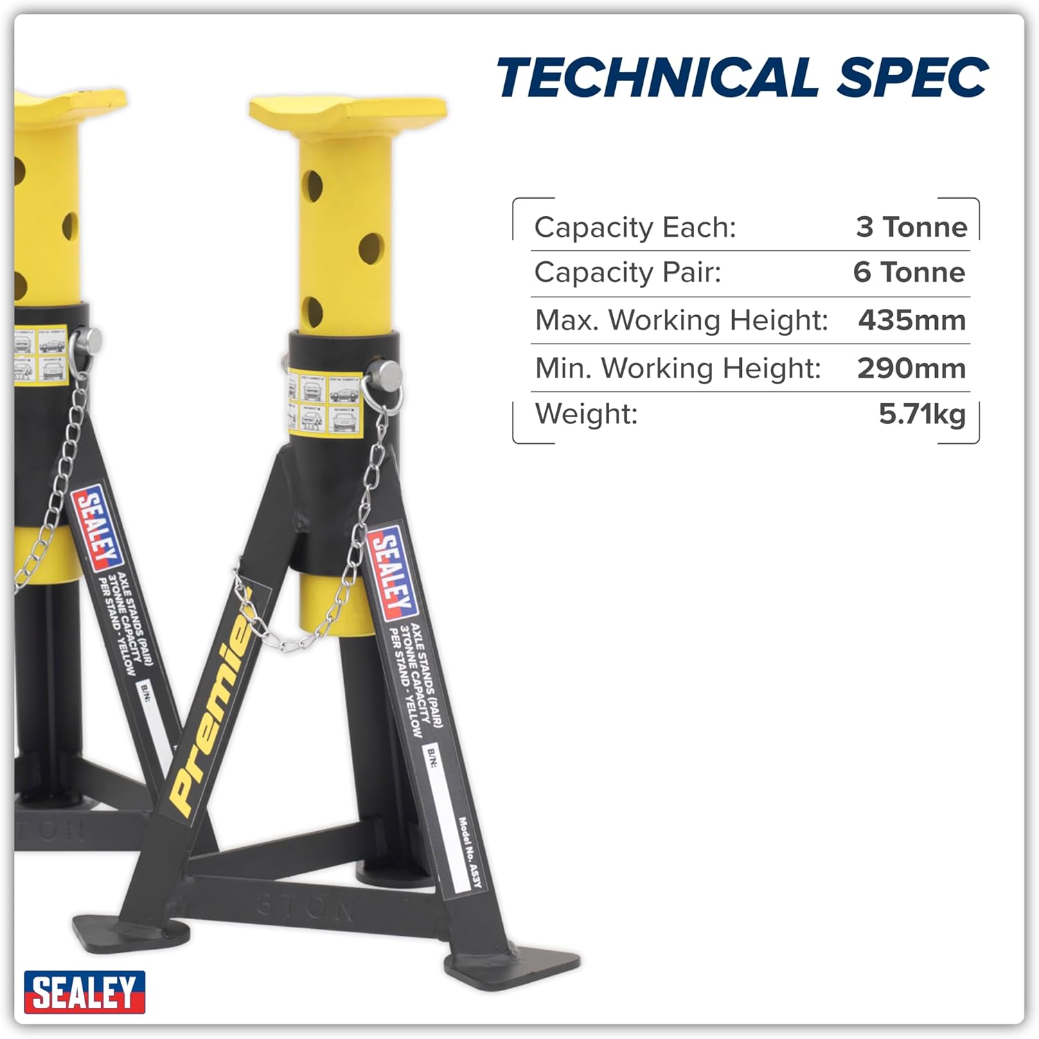 Sealey AS3Y Axle Stands (Pair) 3tonne Capacity per Stand - Yellow