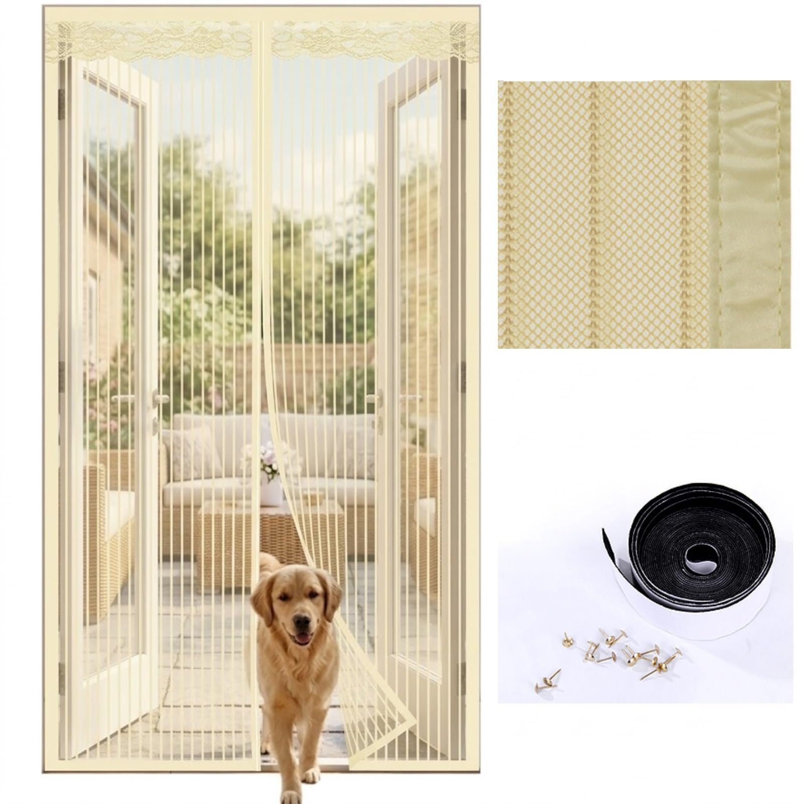 Moustiquaire porte magnétique beige rideau anti mouche sans perçage 120x210cm polyester