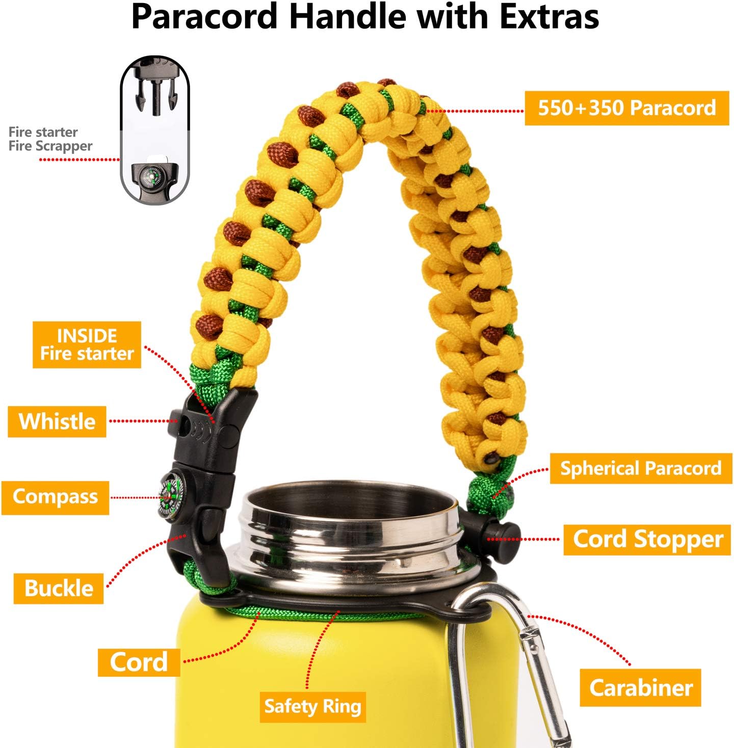 REHTAEL Paracord Handle for Hydro Flask, [Improved Design] Handle Carrier Strap Holder for Hydroflask with Safety Ring and Carabiner, Fits Wide Mouth Water Bottles 12oz - 64oz, Ideal Flask Accessories