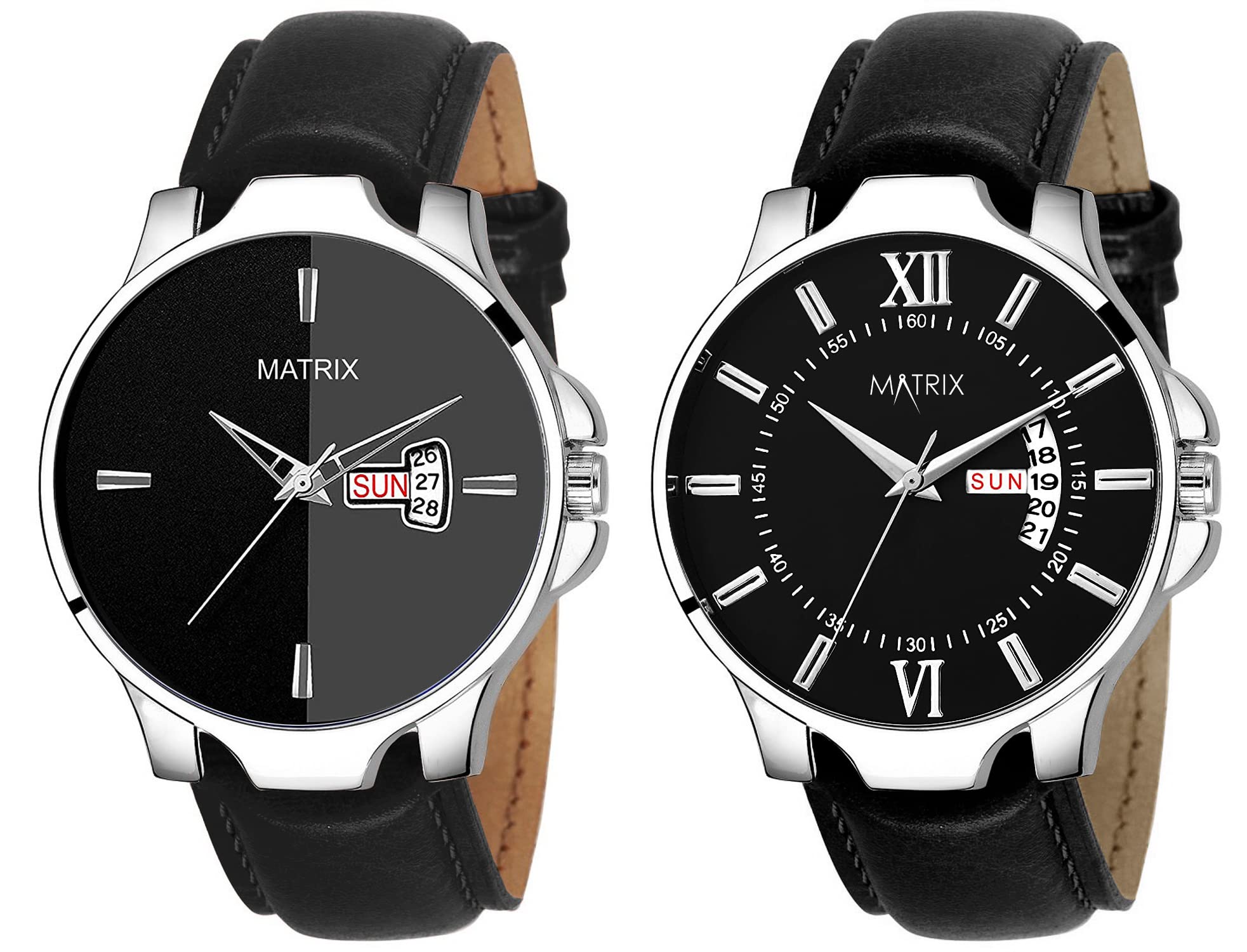 Matrix Silicone Boy "Doublet Black & Black Day & Date Leather Analogue Watch Pair Set (Pack Of 2 Different Watch) (Pr-105-62Nw) (B0B18TBGN7) Amazon Price History, Amazon Price Tracker